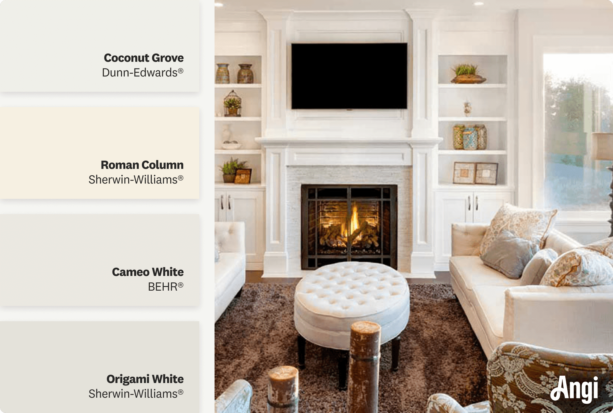 Luxurious living room with white fireplace, including different tones of white paint
