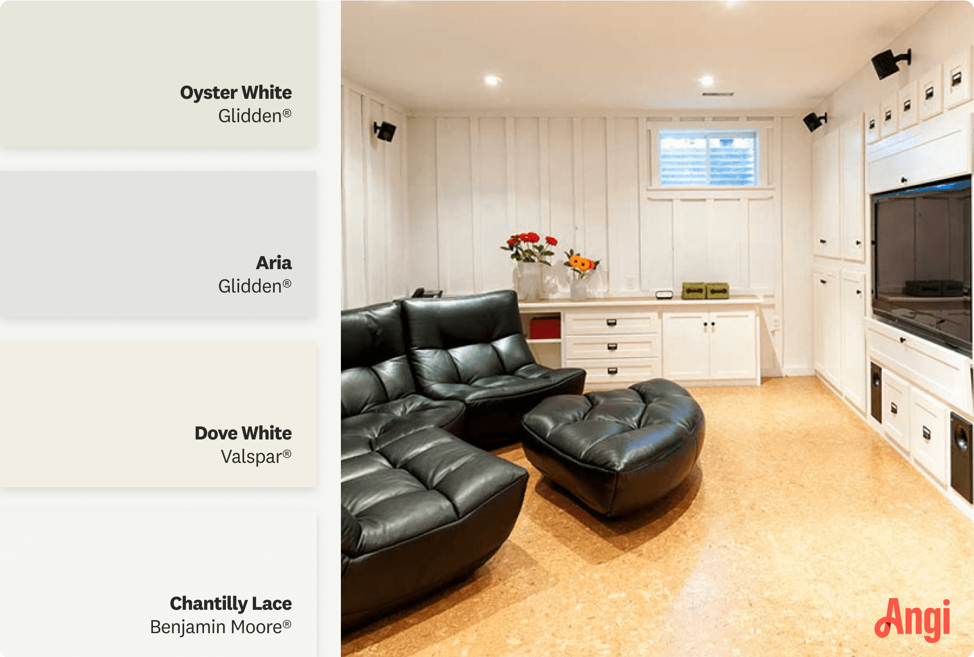 A living space in a basement with white walls