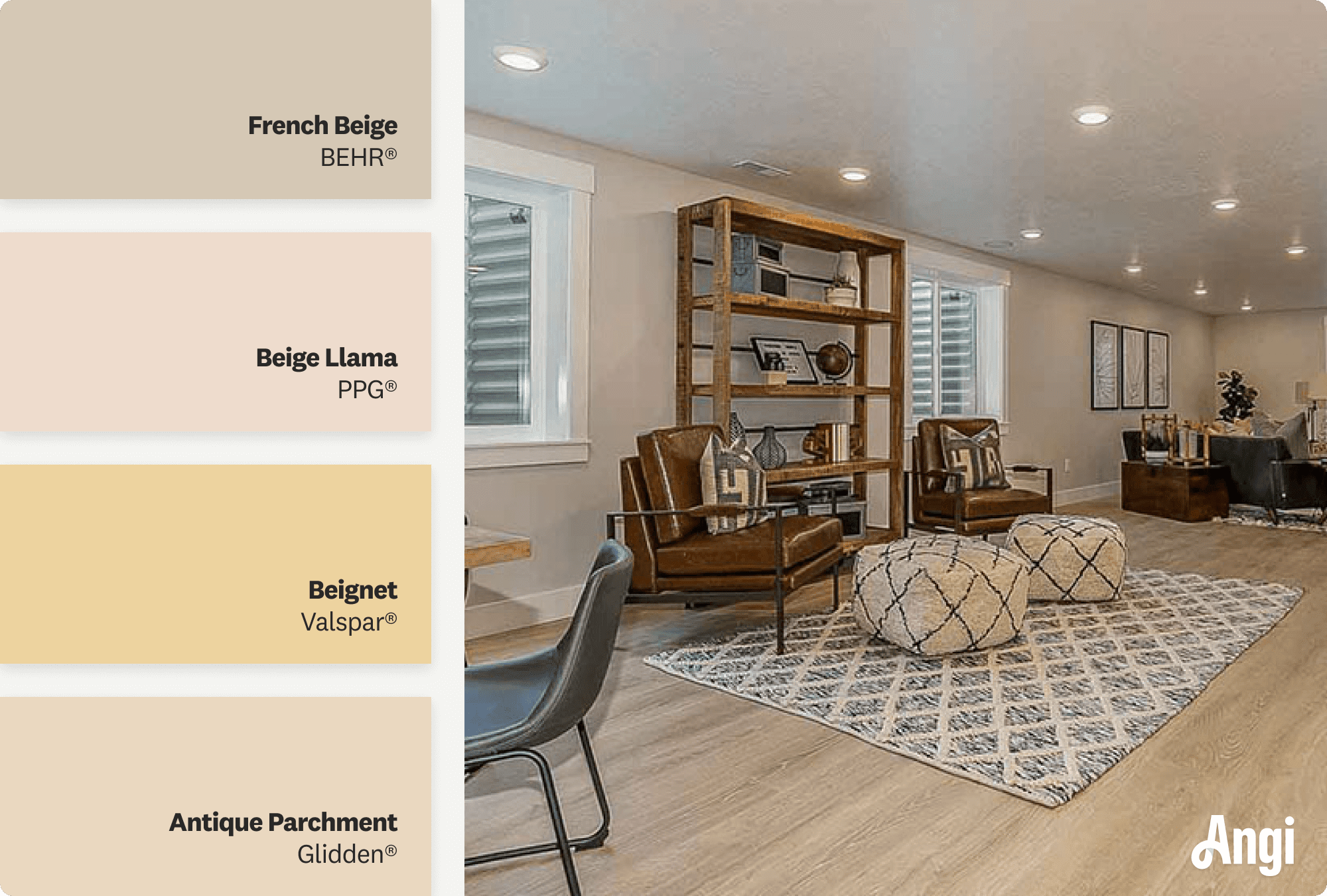 A large basement with beige walls and wooden floors