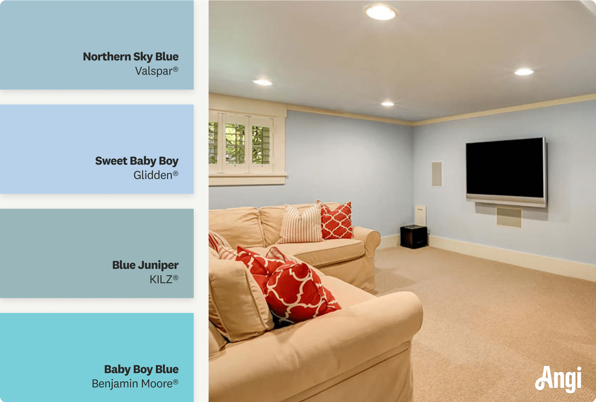 A living room in a basement with light blue walls