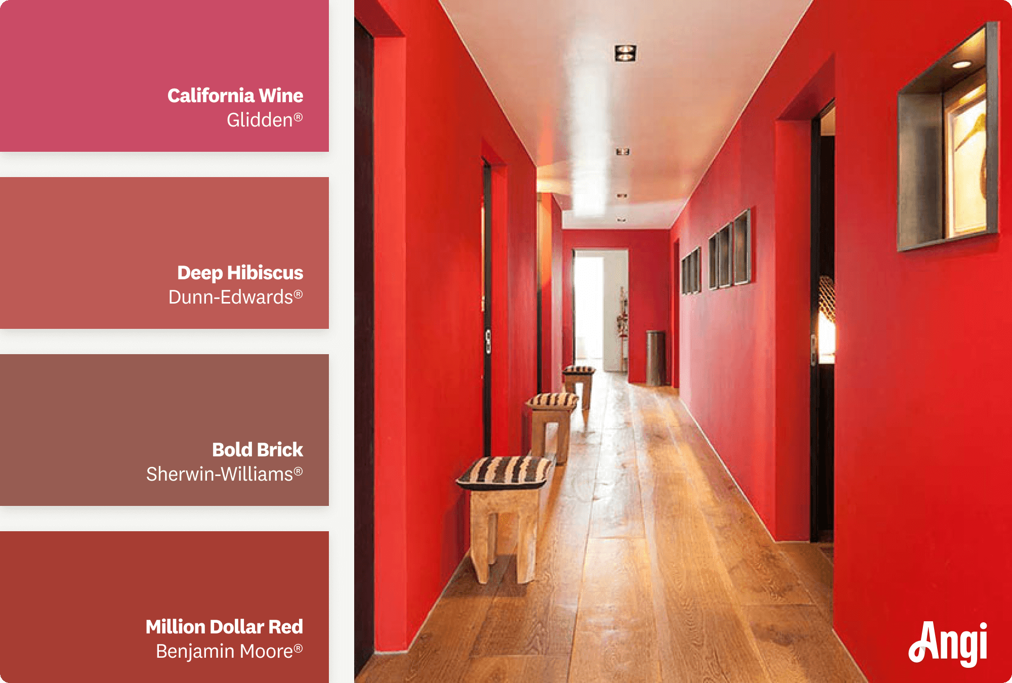 House corridor with bright red walls, including different tones of red paint