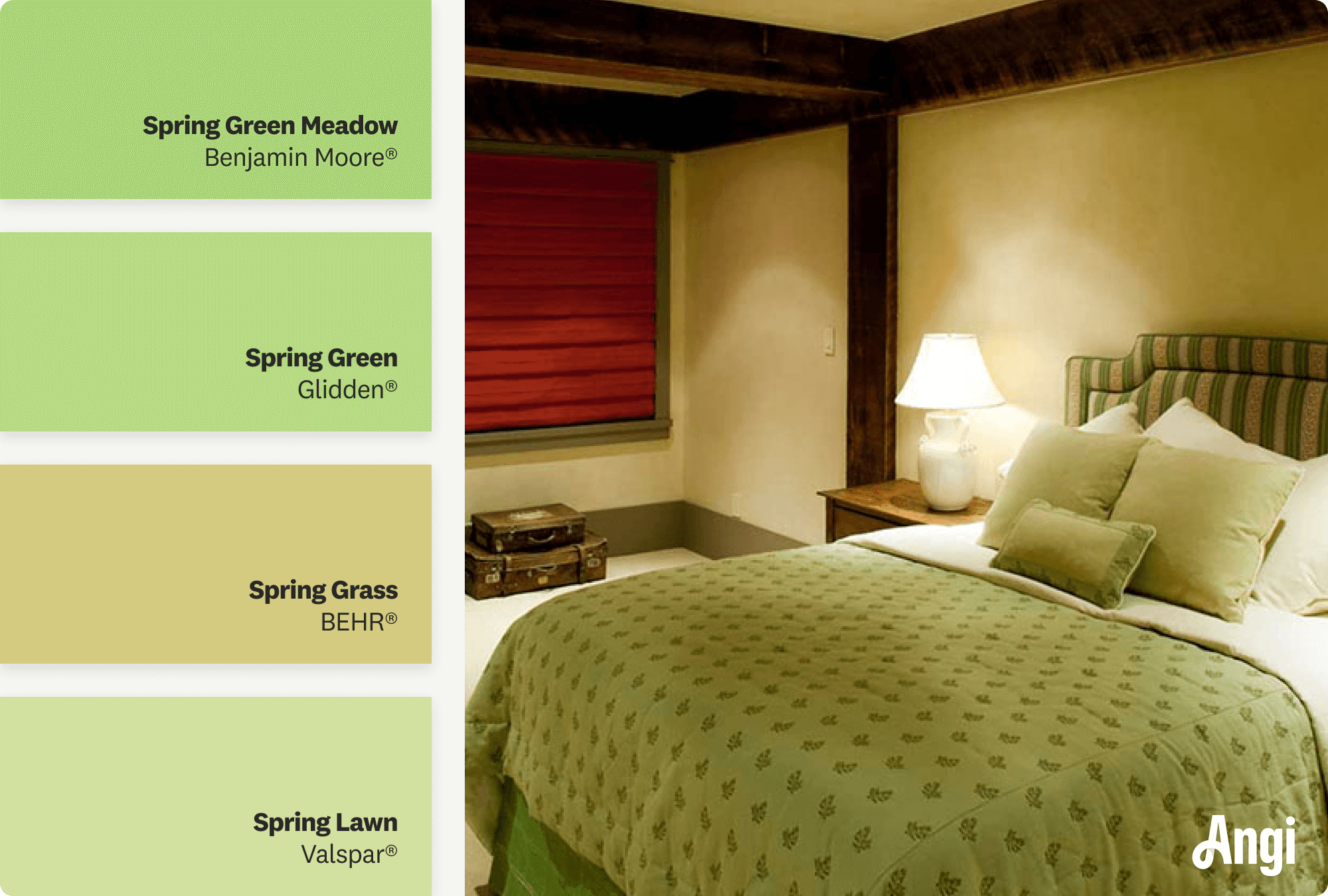 A guest bedroom in a basement painted in spring green tones