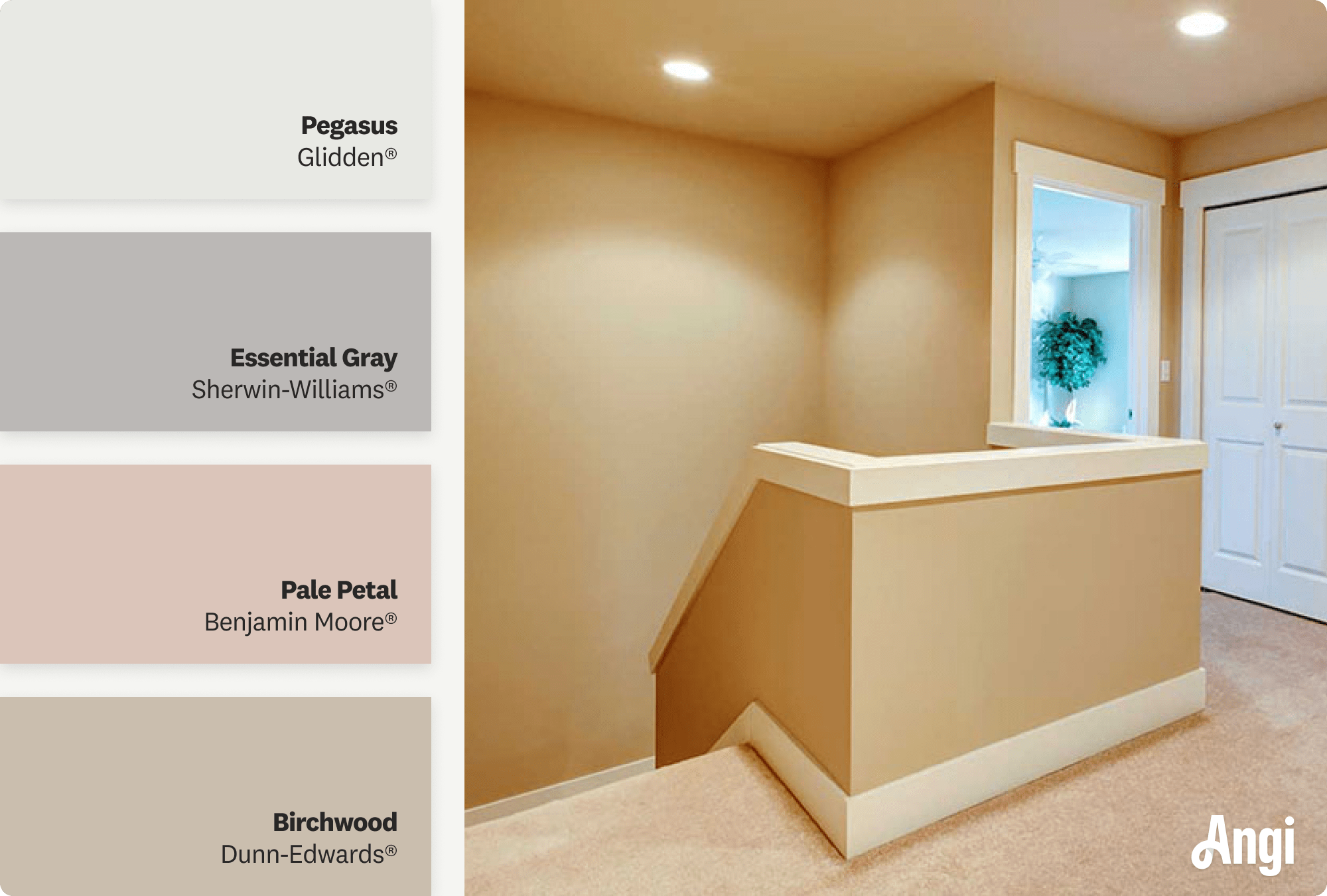 Upstairs hallway with beige walls and carpet, including different tones of beige paint