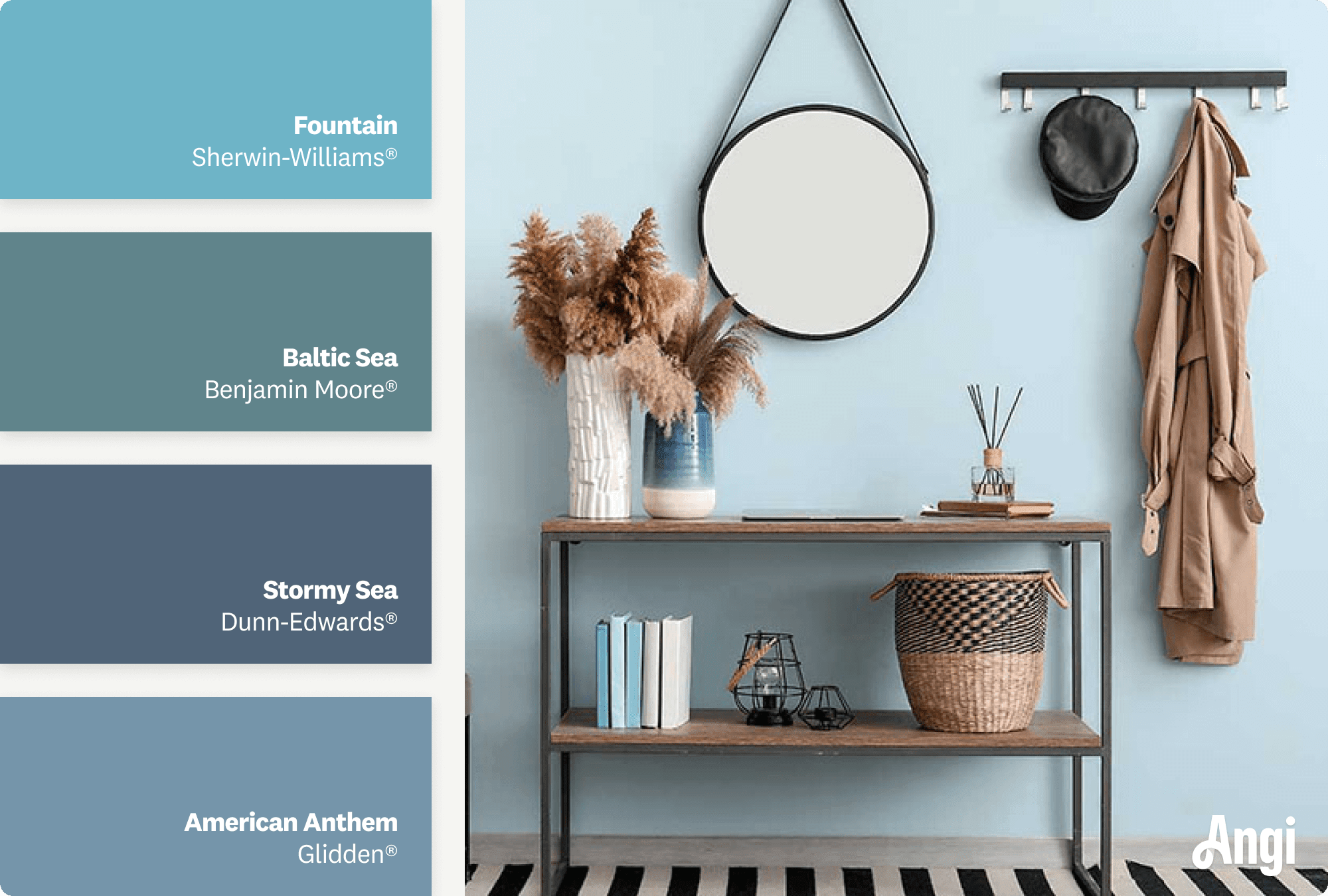 Modern hallway with mirror and blue walls, including different tones of blue paint