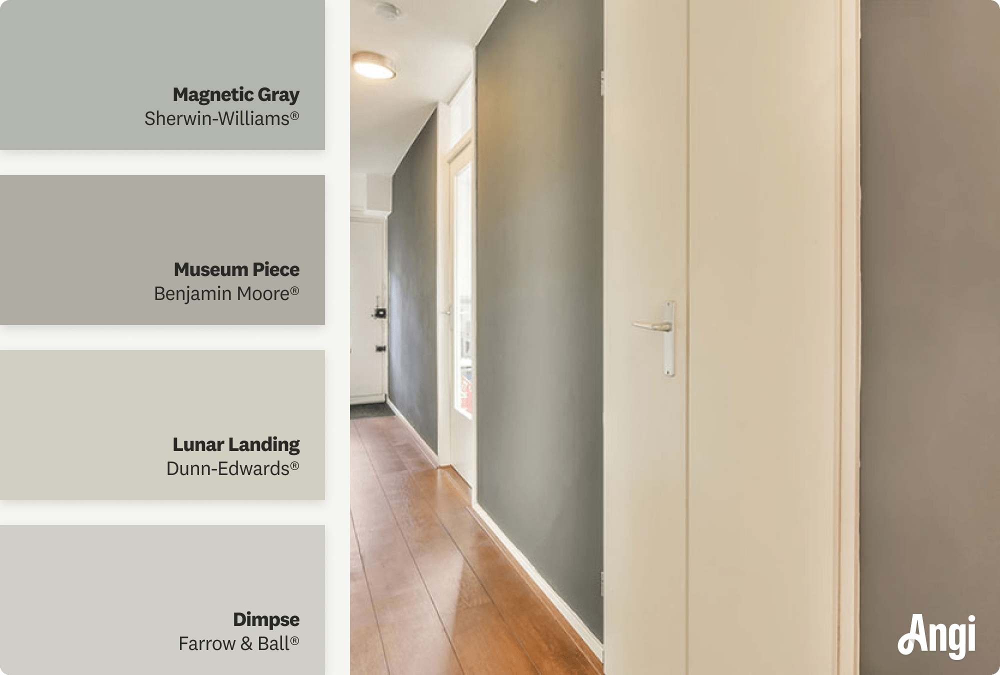 Long and narrow corridor with gray walls, including different tones of gray paint