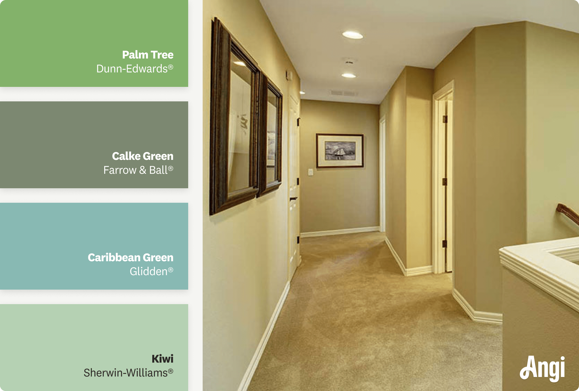 Upstairs hallway with green walls and white trim, including different tones of green paint