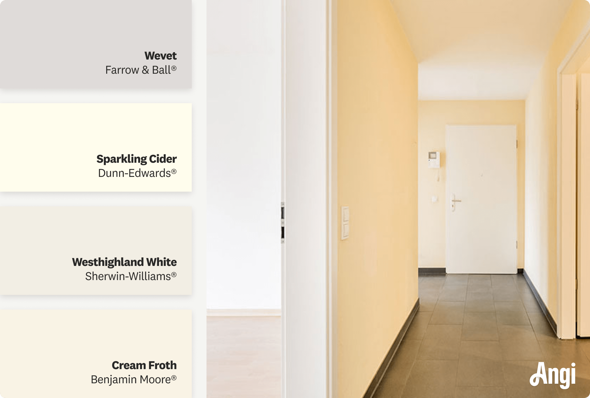 House hallway with off-white walls and gray flooring, including different tones of off white paint