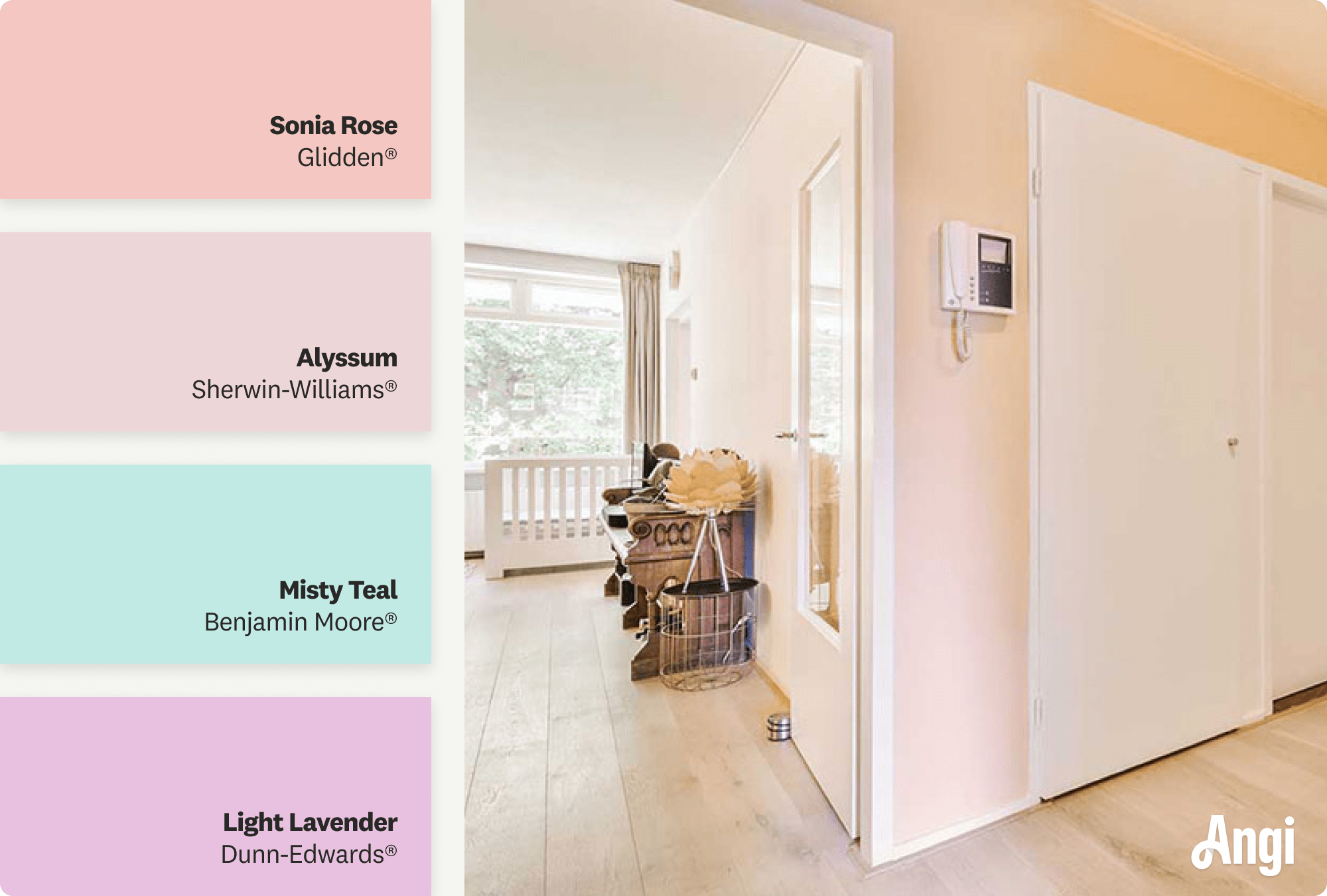 Spacious house corridor with hardwood floors, including different tones of pastel paint