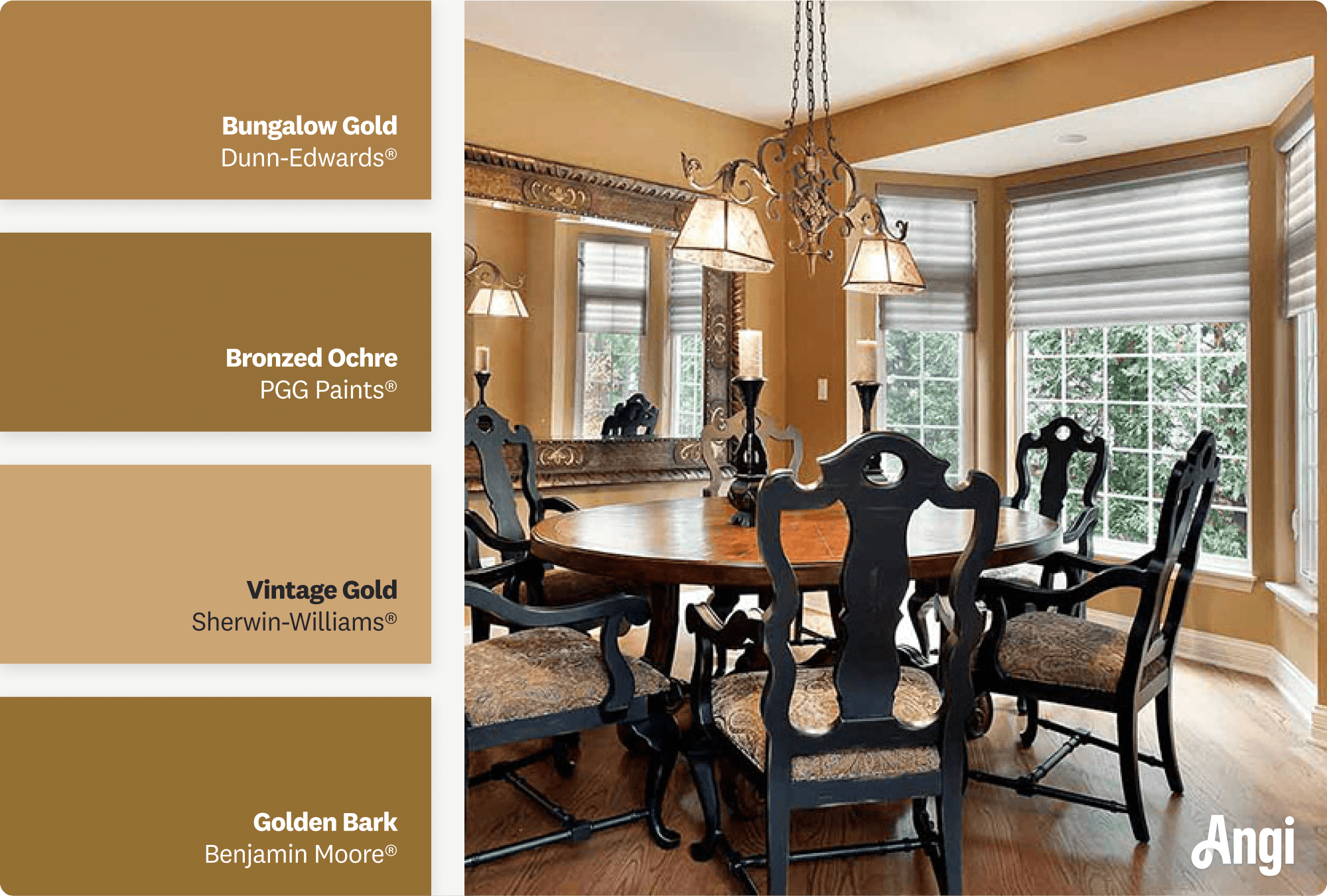 Dining room with black furniture and brown gold walls, including different tones of brown gold paint