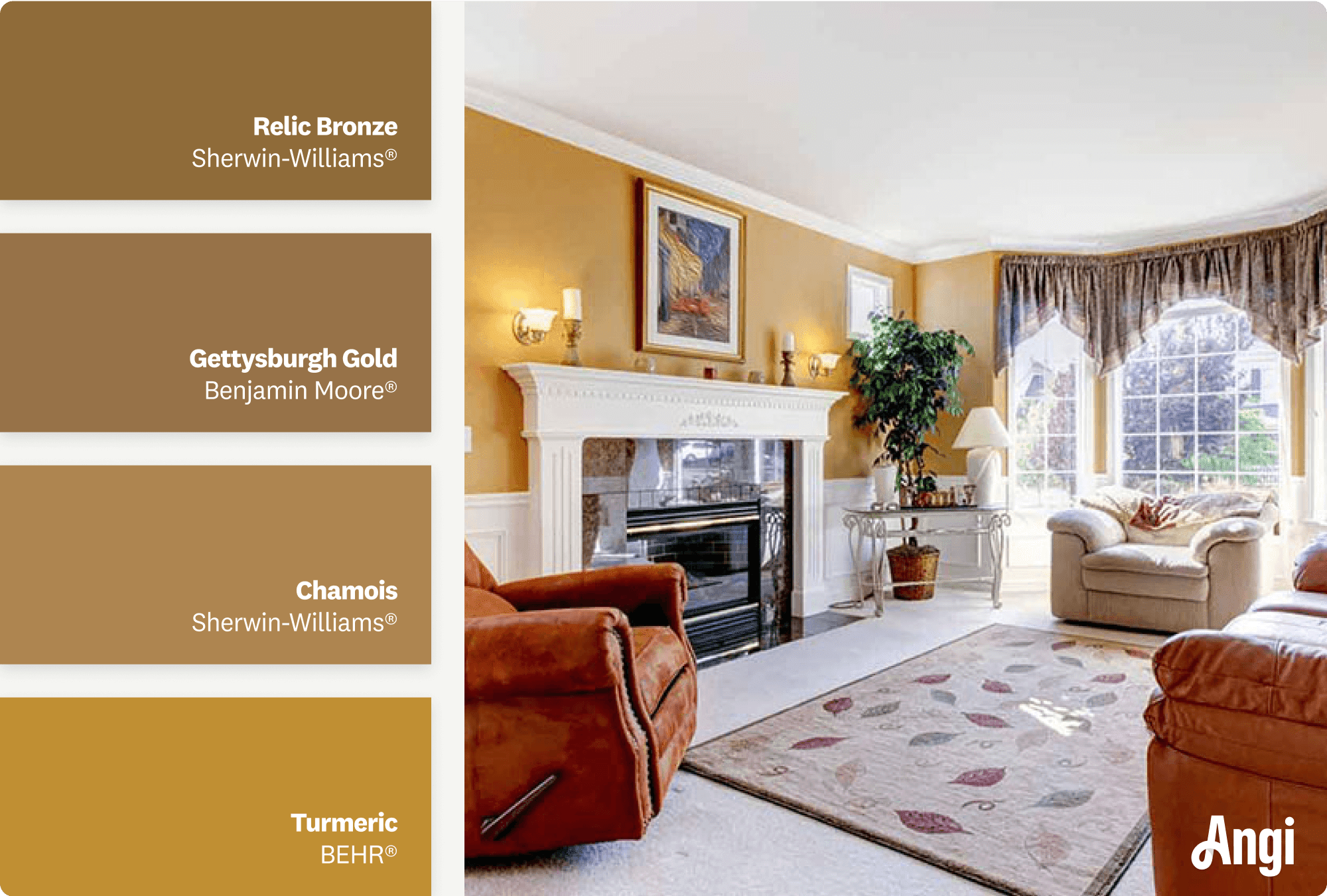Family room with leather sofa and gold accent wall, including different tones of dark gold paint