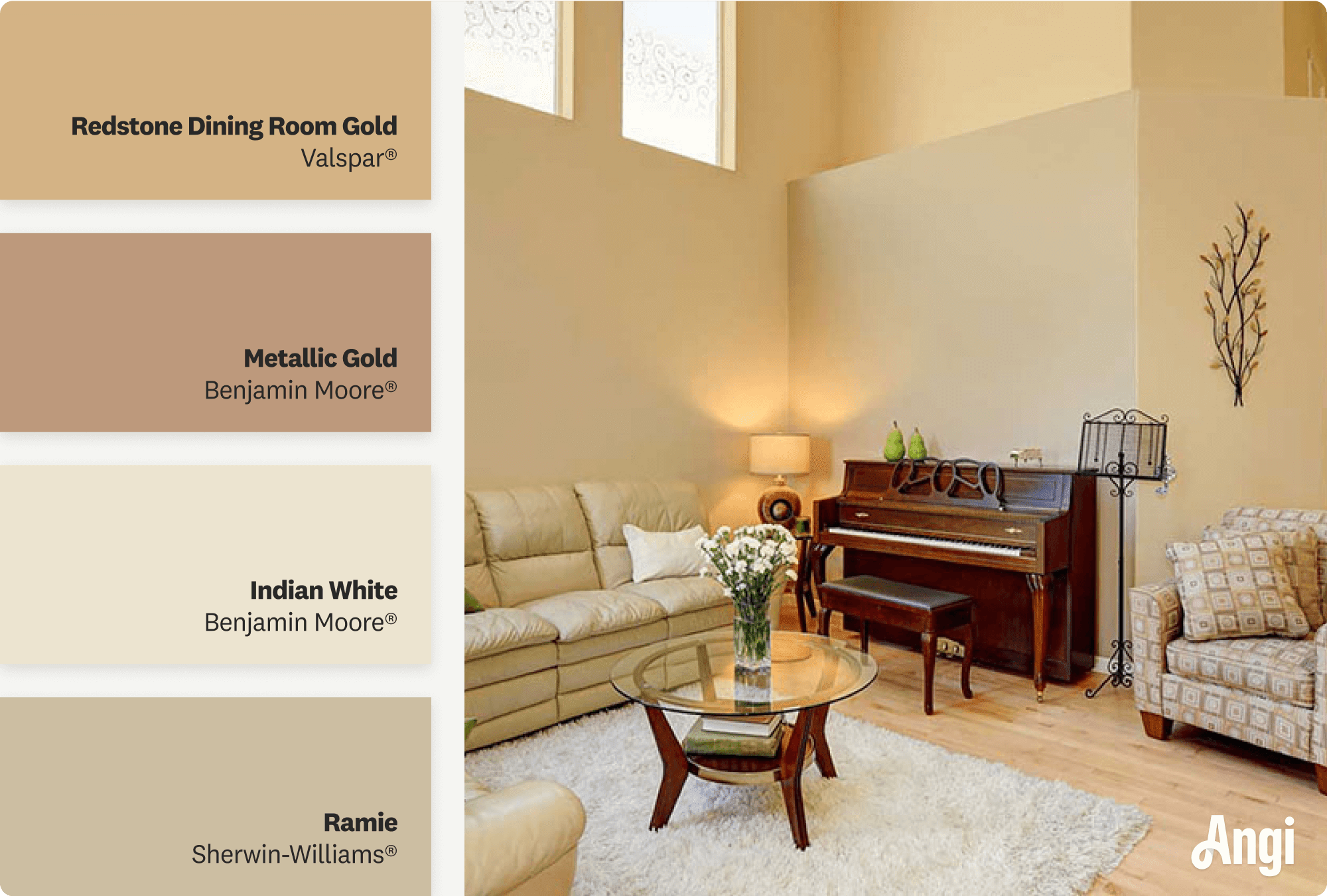 High ceiling living room with tan gold walls, including different tones of tan gold paint