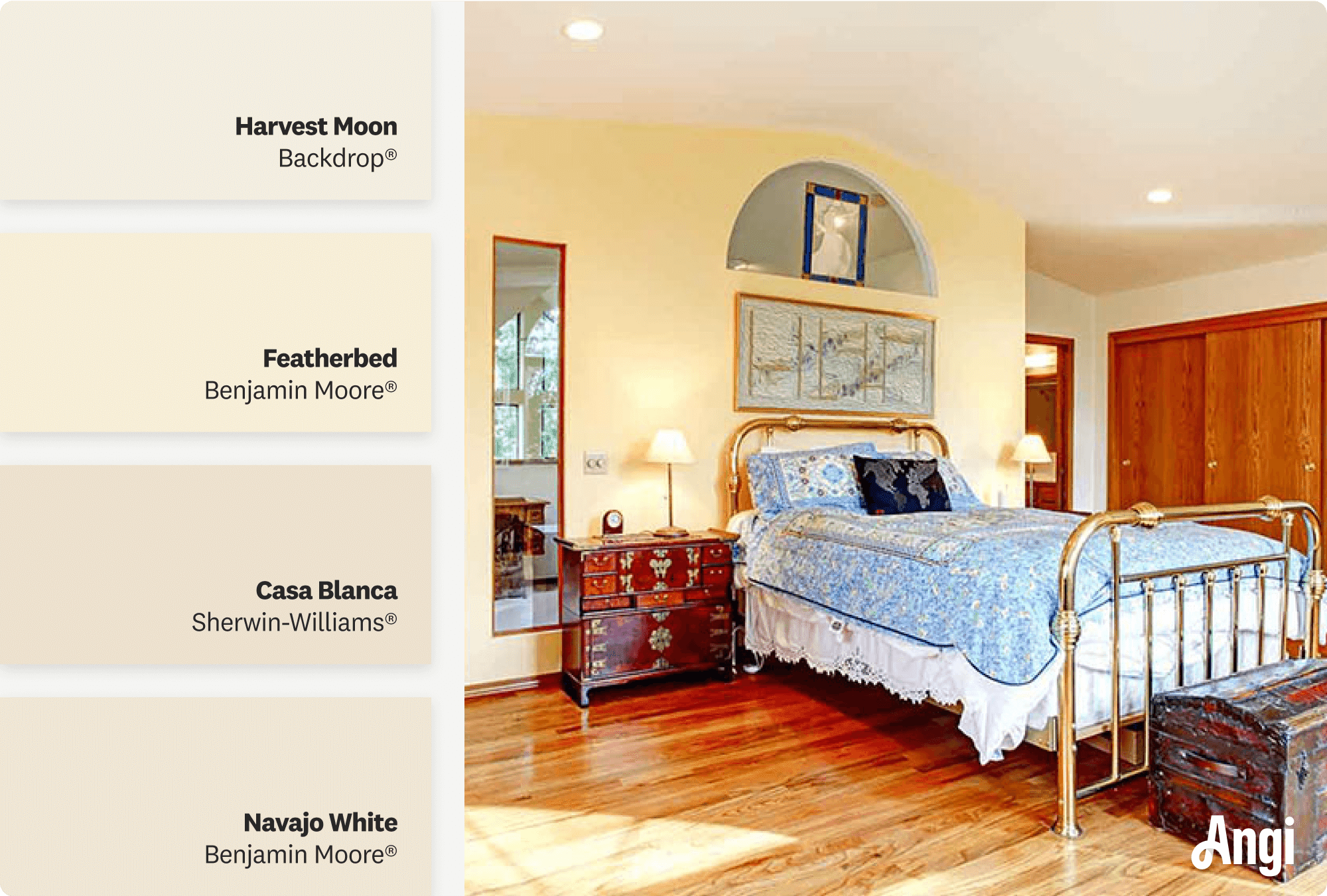 Large bedroom with metal bed frame, including different tones of white gold paint