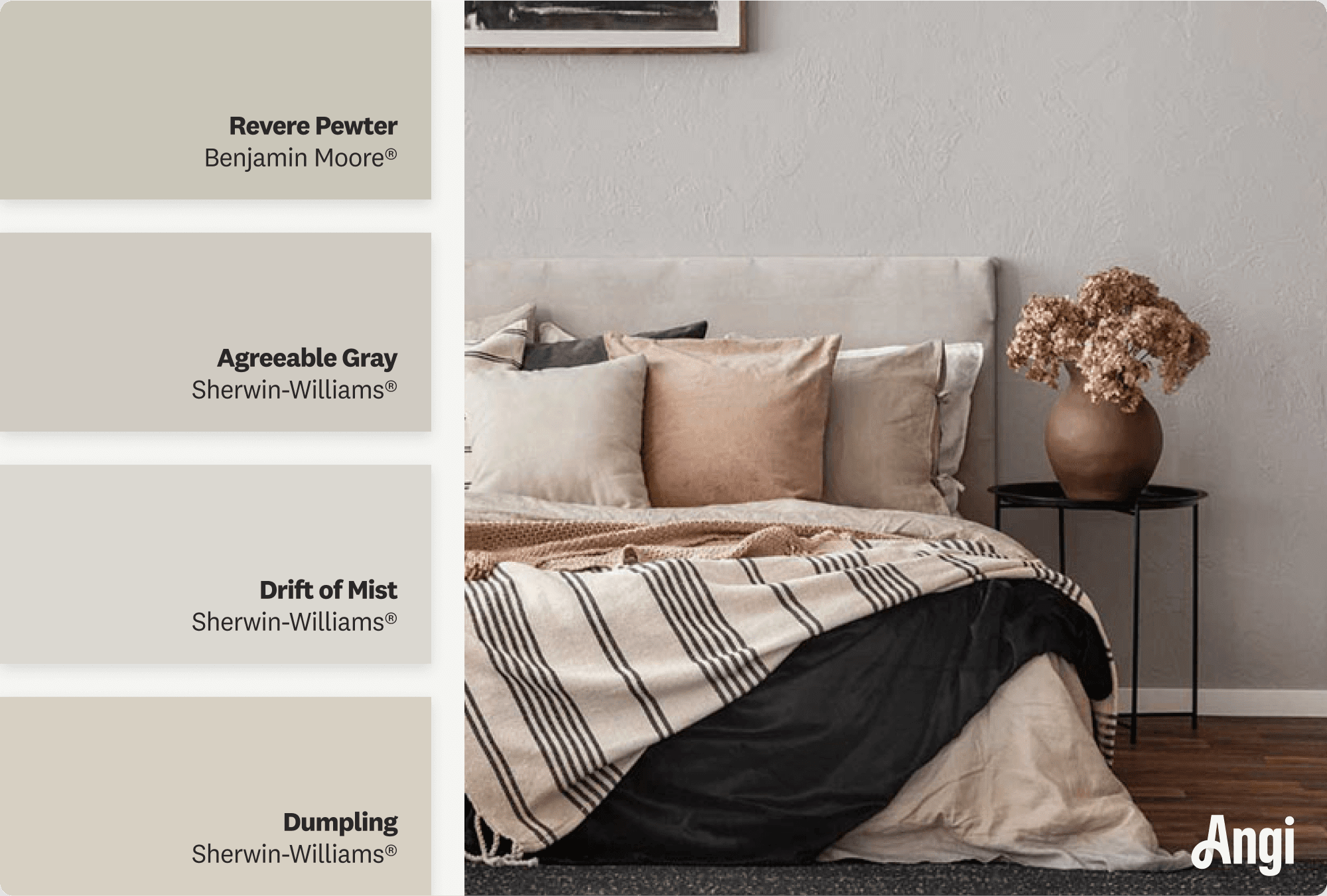 A contemporary bedroom in greige tones