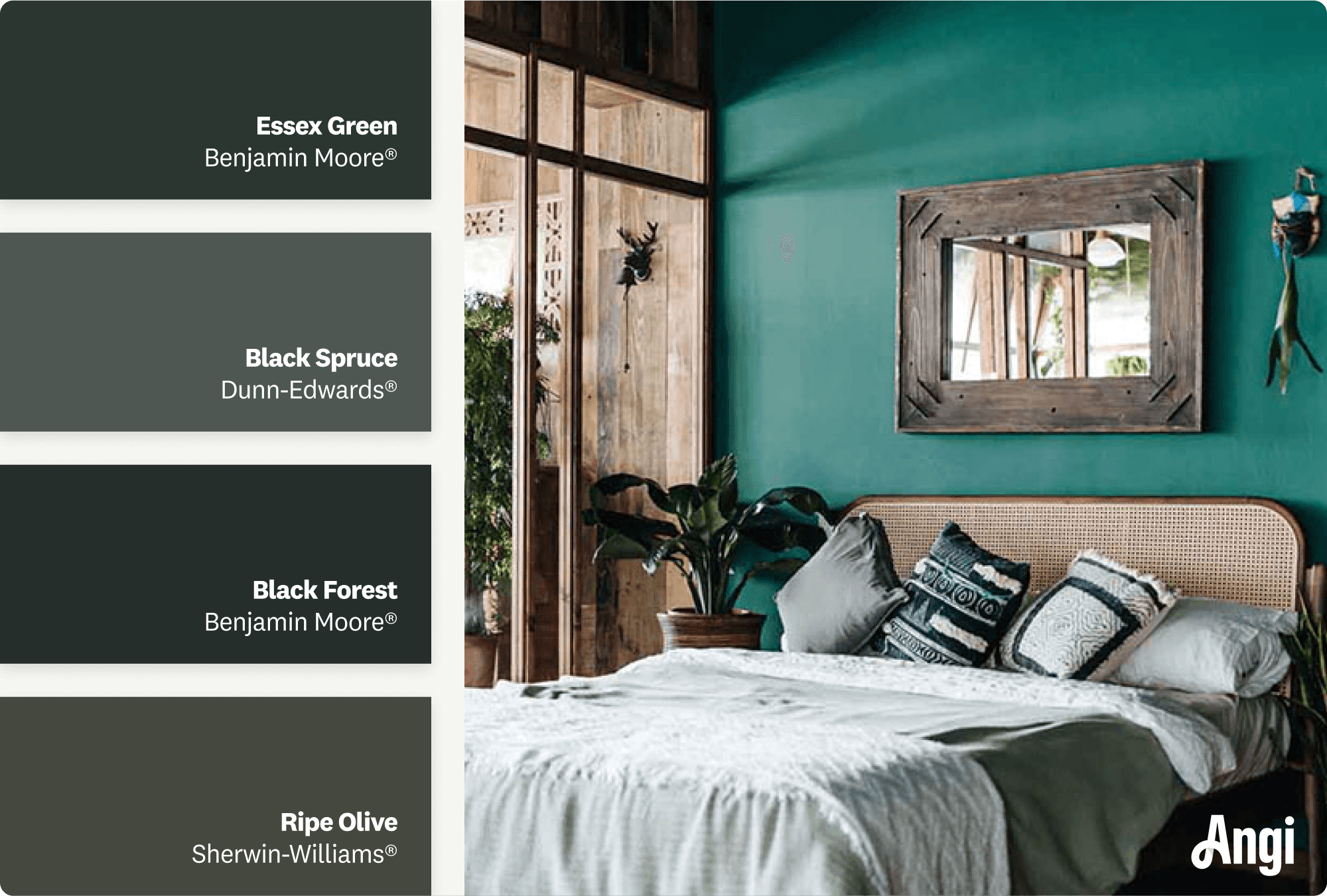 A cozy bedroom painted dark green
