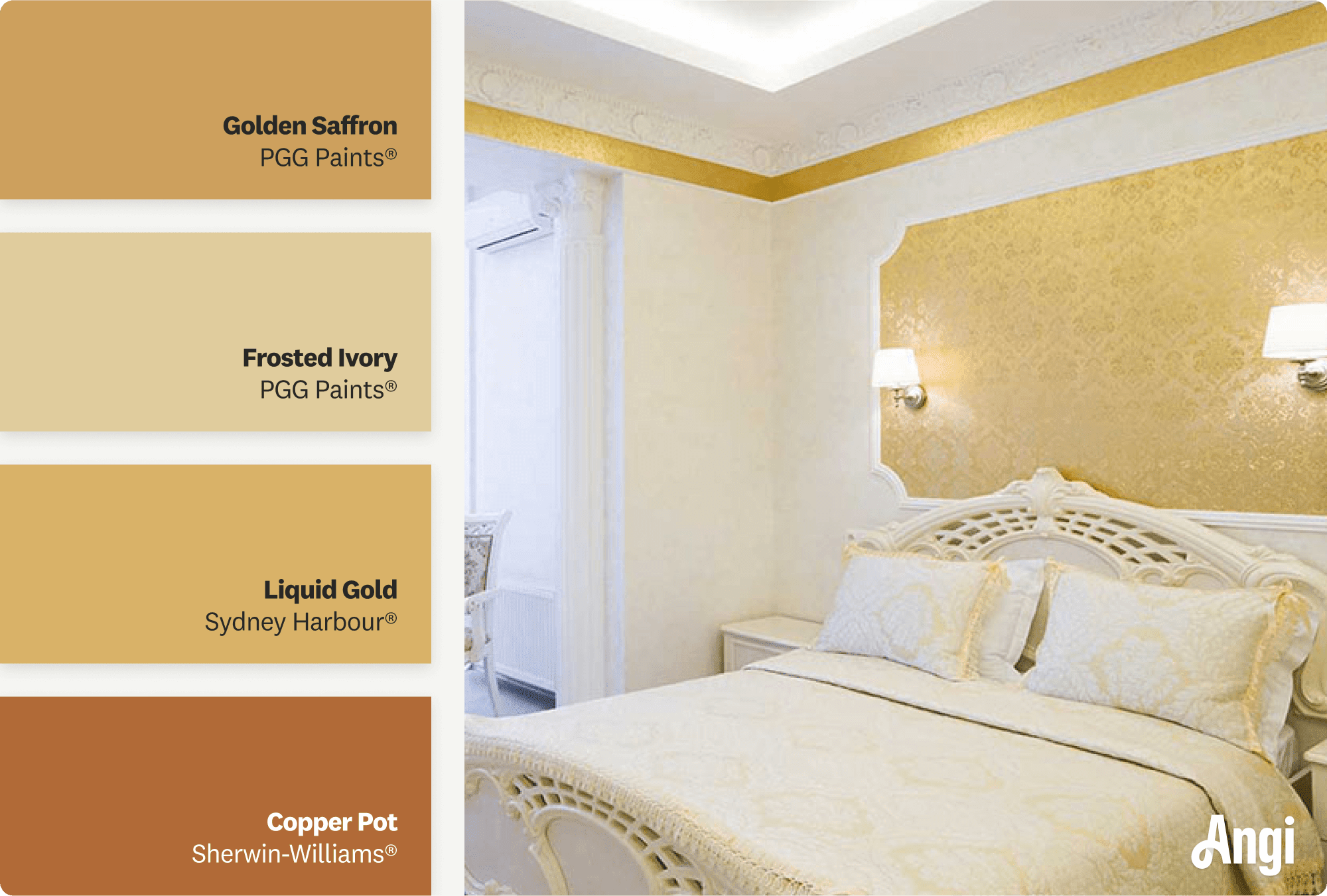 Bedroom with metallic gold accents, including different tones of metallic gold paint