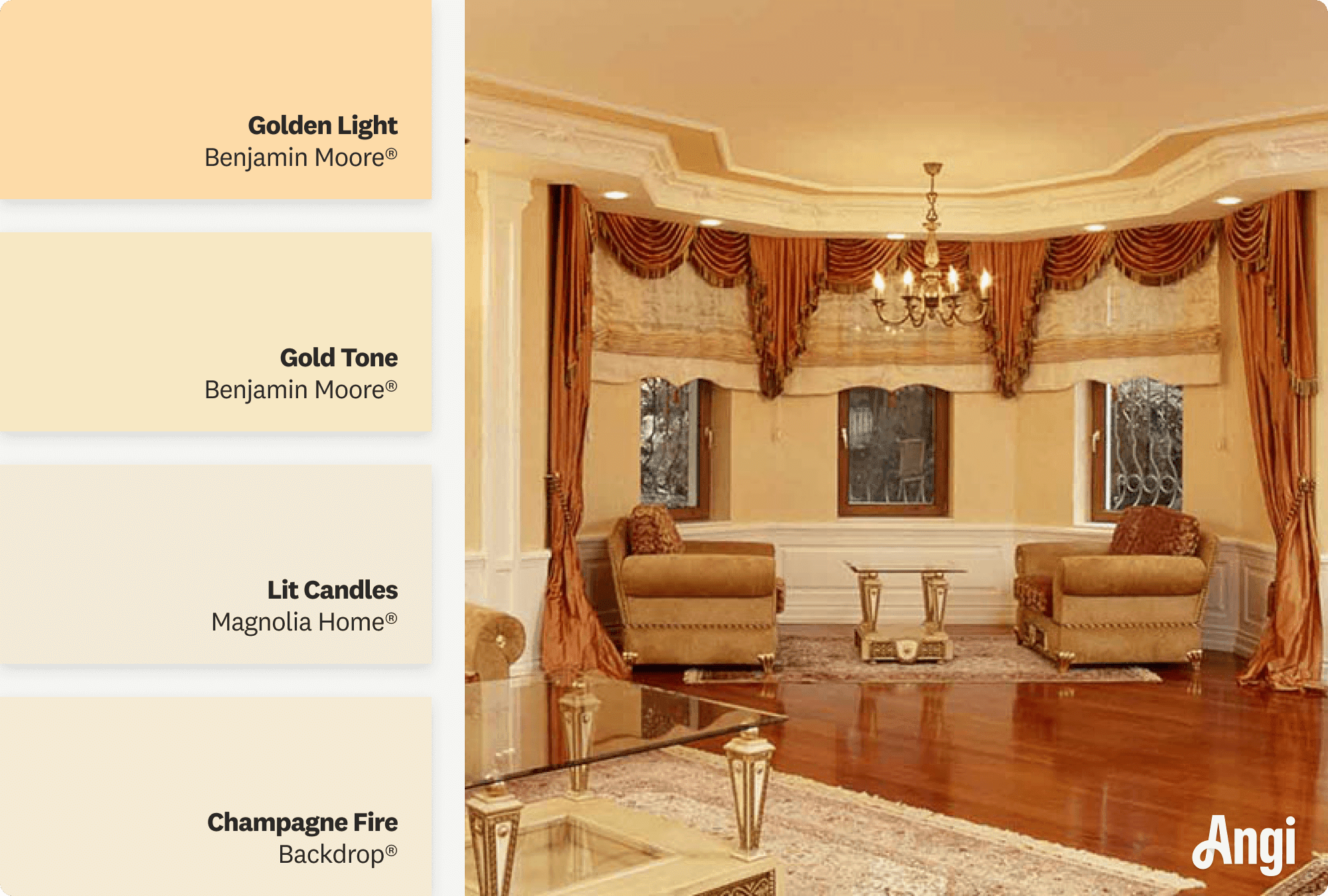 Luxurious gold living room with chandelier, including different tones of soft gold paint
