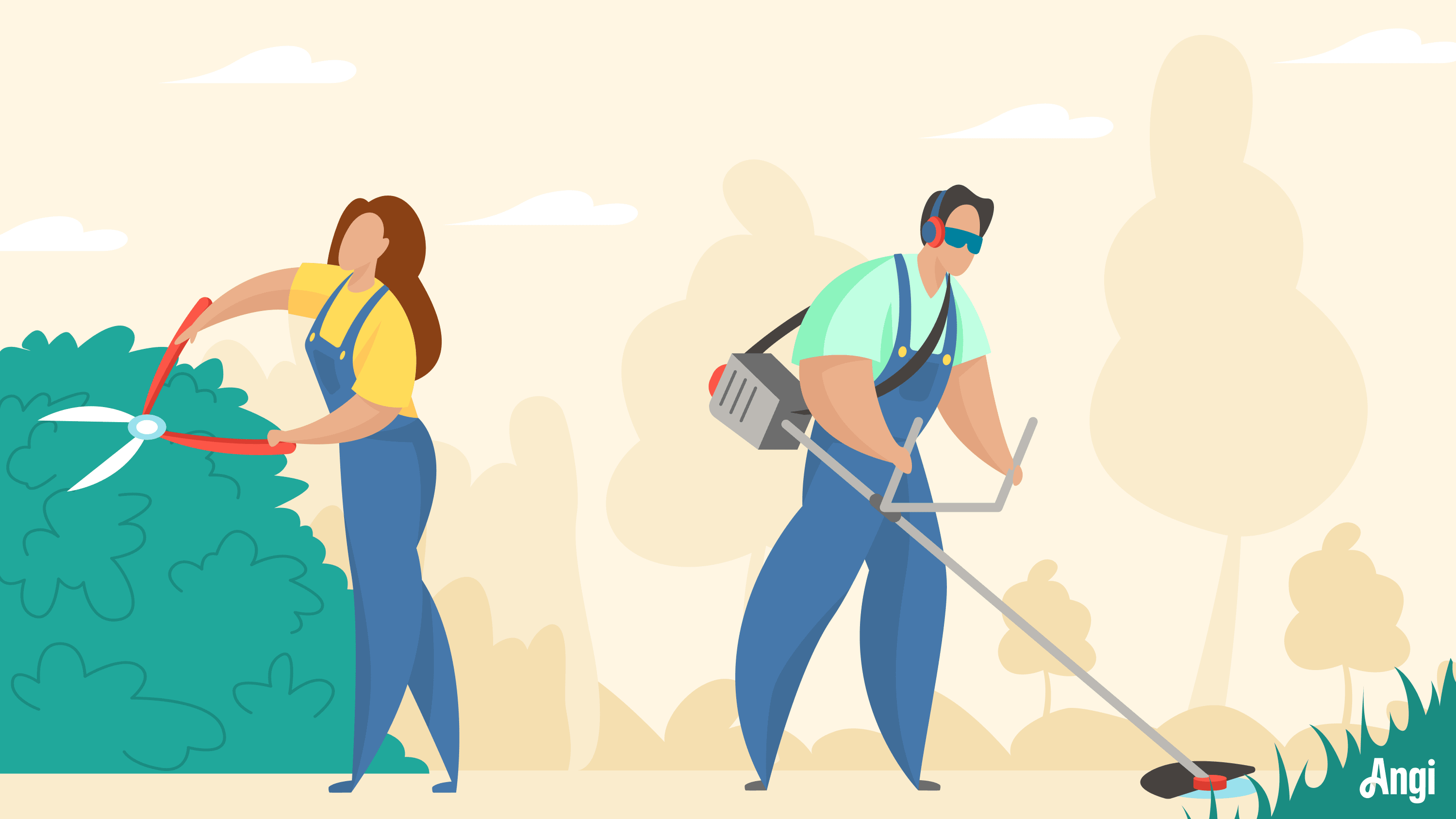 Illustration showing people taking care of their lawn