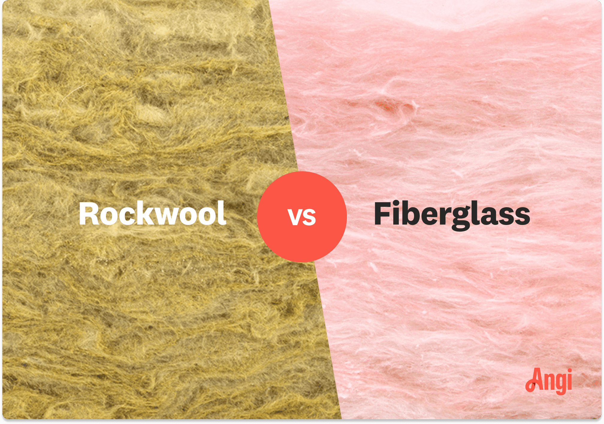 Visual comparison of rockwool and fiberglass insulation, with rockwool having a rough, tighter compaction and fiberglass being looser layered and fluffy