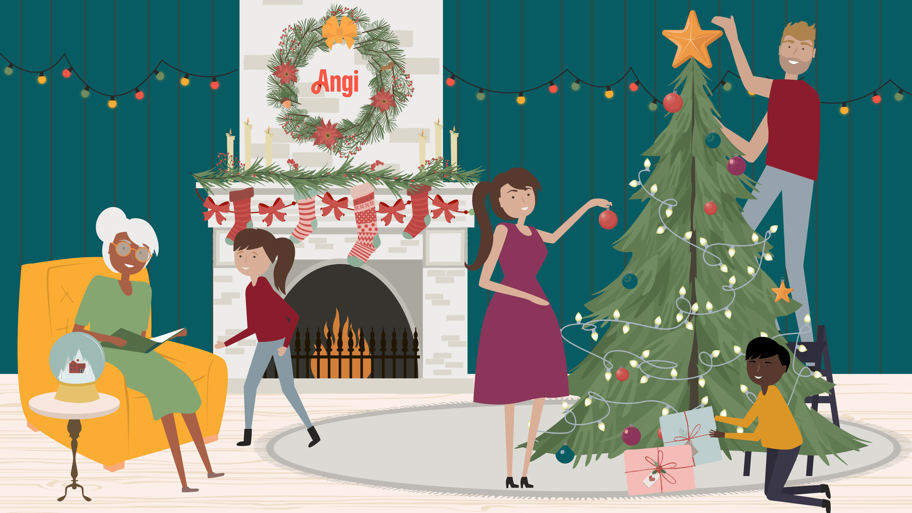 Illustration of a family decorating for Christmas