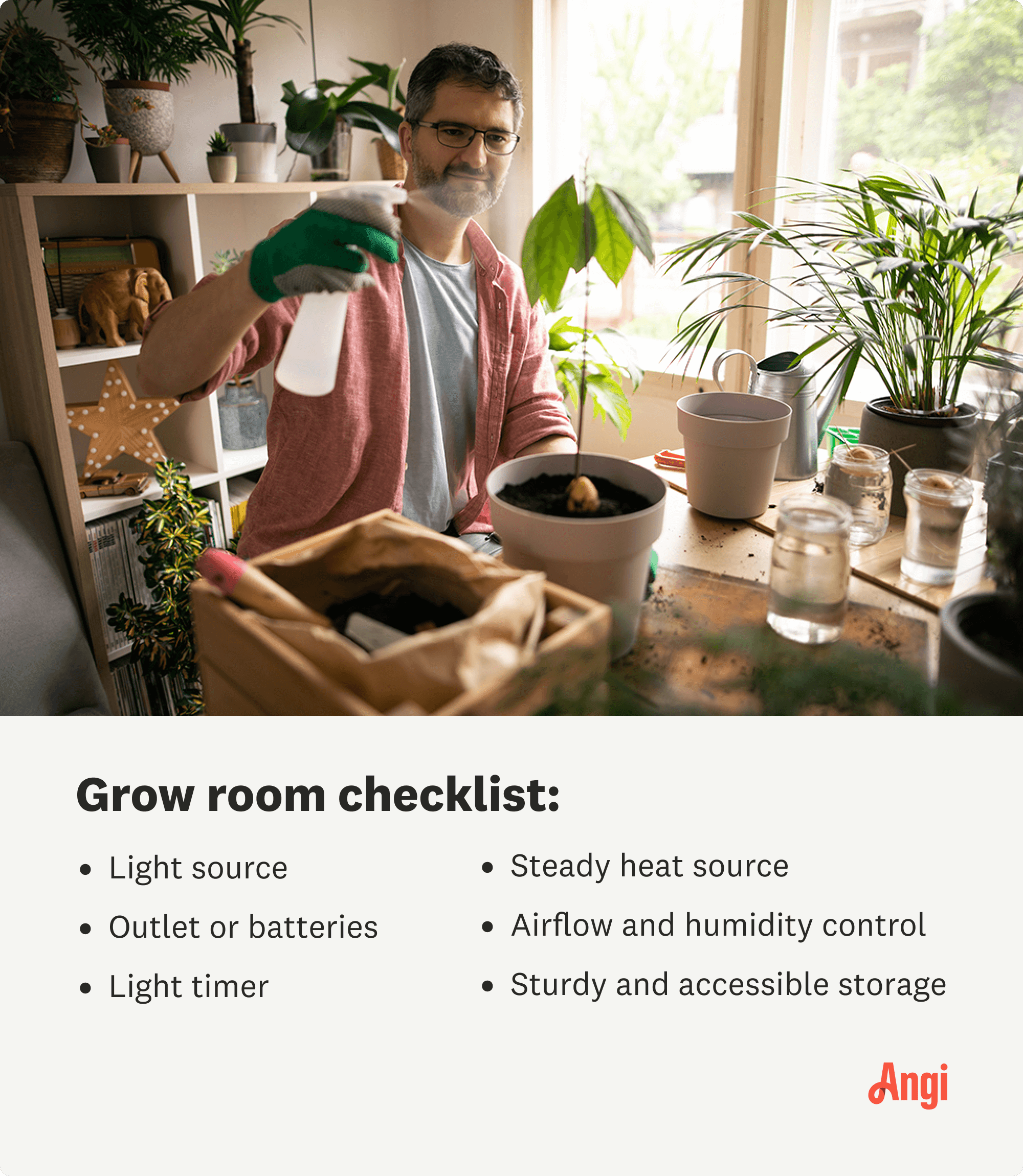 Checklist for 6 items to have for a grown room, including a light source, airflow, and humidity control