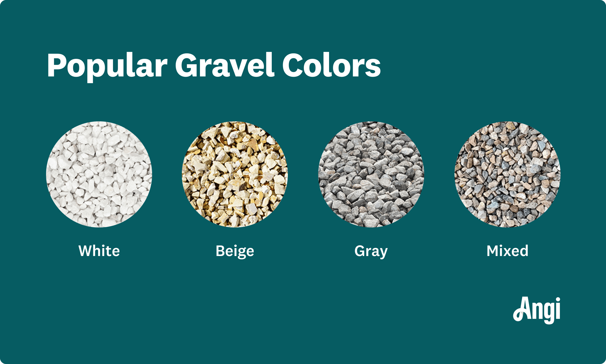 4 popular gravel colors compared visually, including white, beige, gray, and mixed