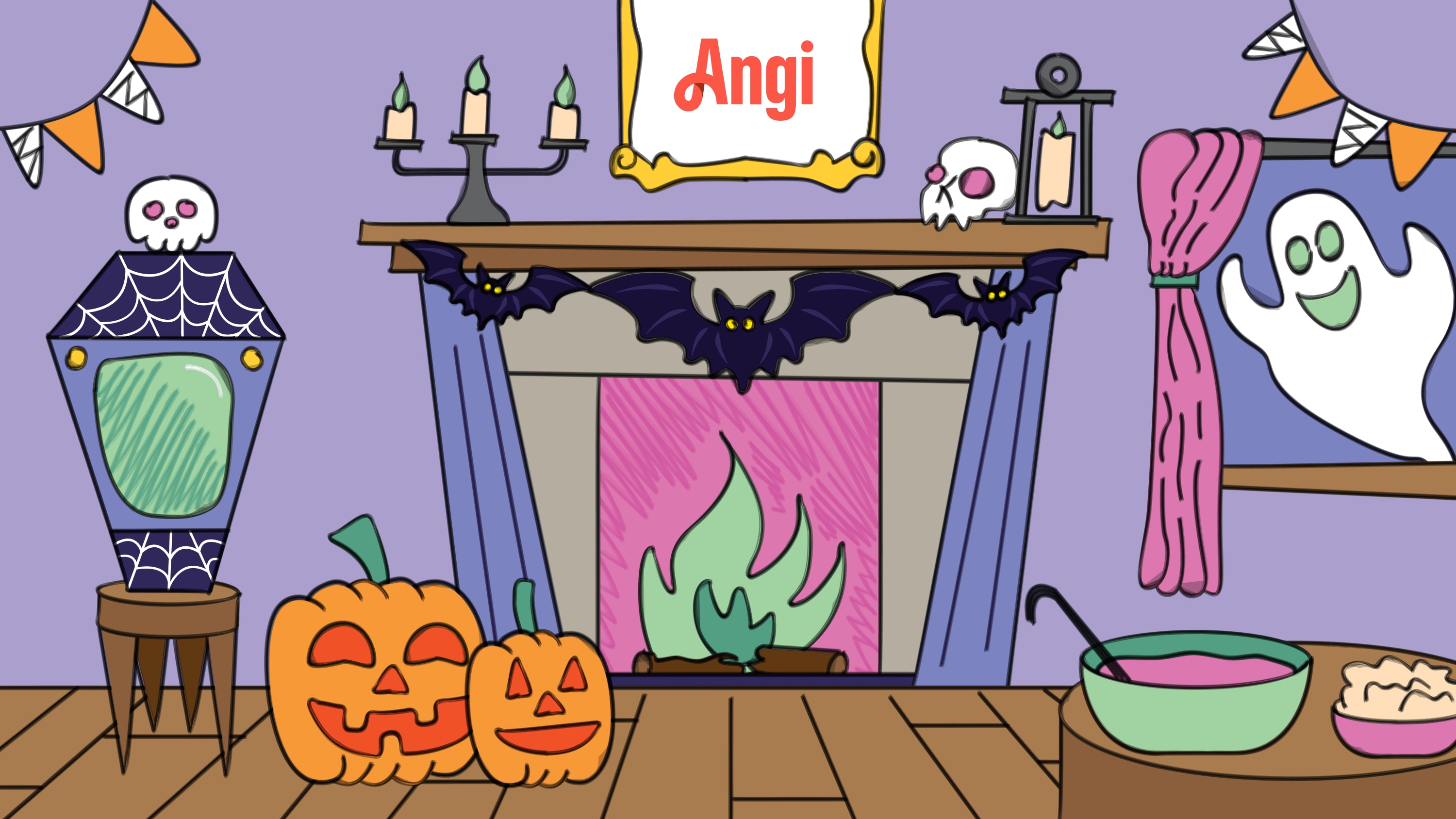 Illustration of a fireplace with Halloween decorations