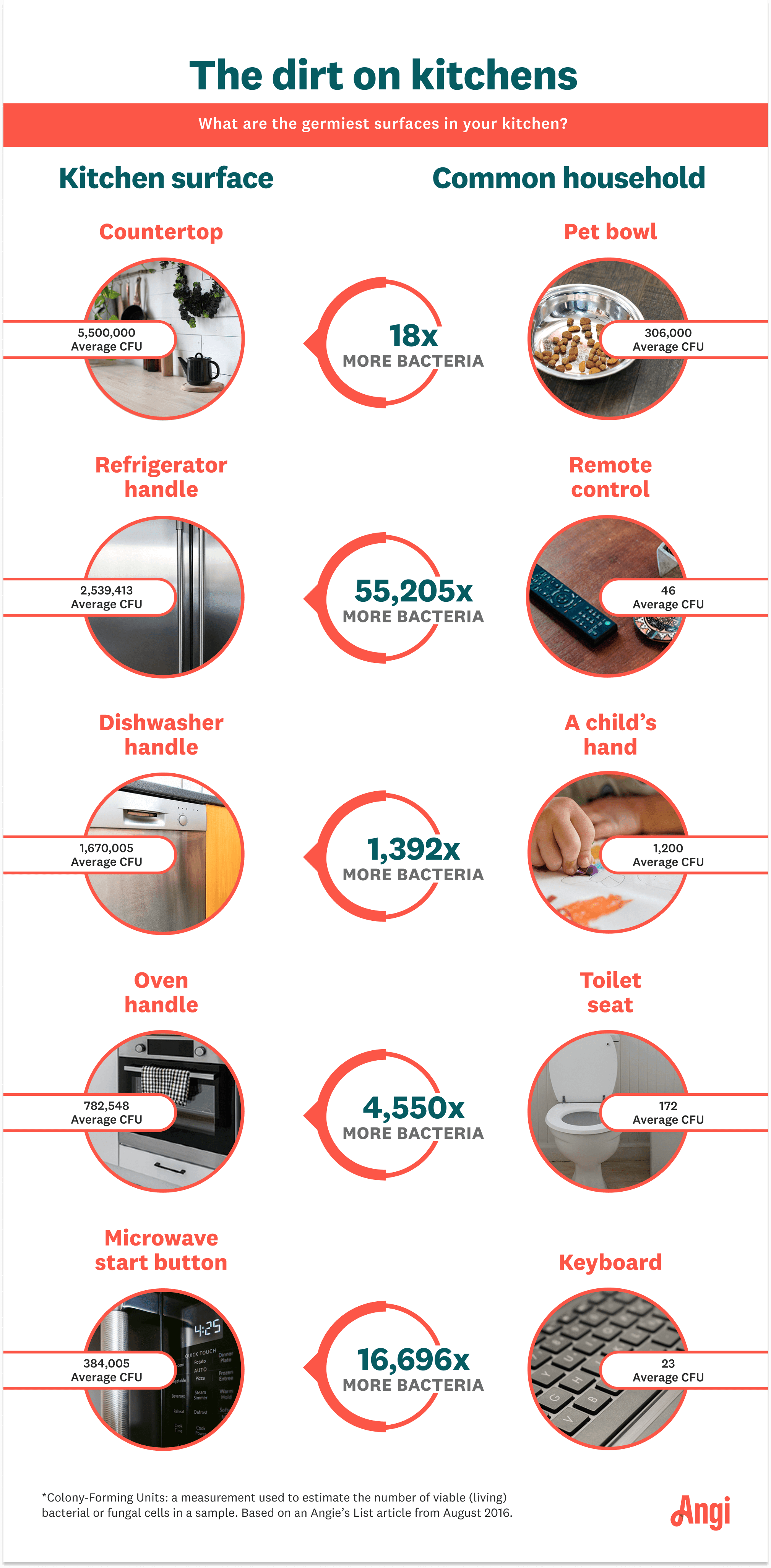10 kitchen surfaces compared by the estimated amount of viable (living) bacterial or fungal cells in a sample, with a dishwasher handle averaging more bacteria than a child’s hand