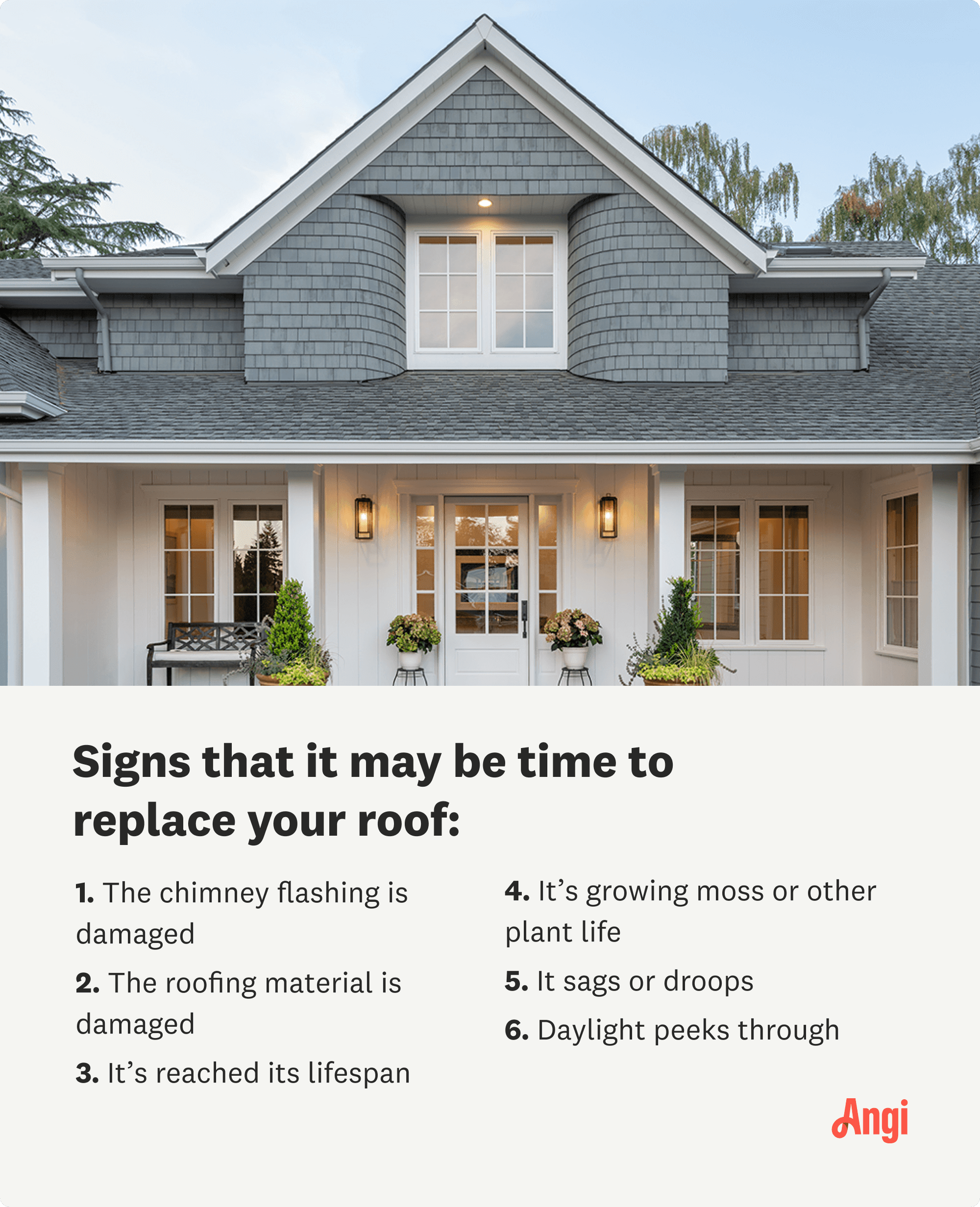 Six signs that your roof might need to be replaced, including damaged chimney flashing and extensive moss growth.