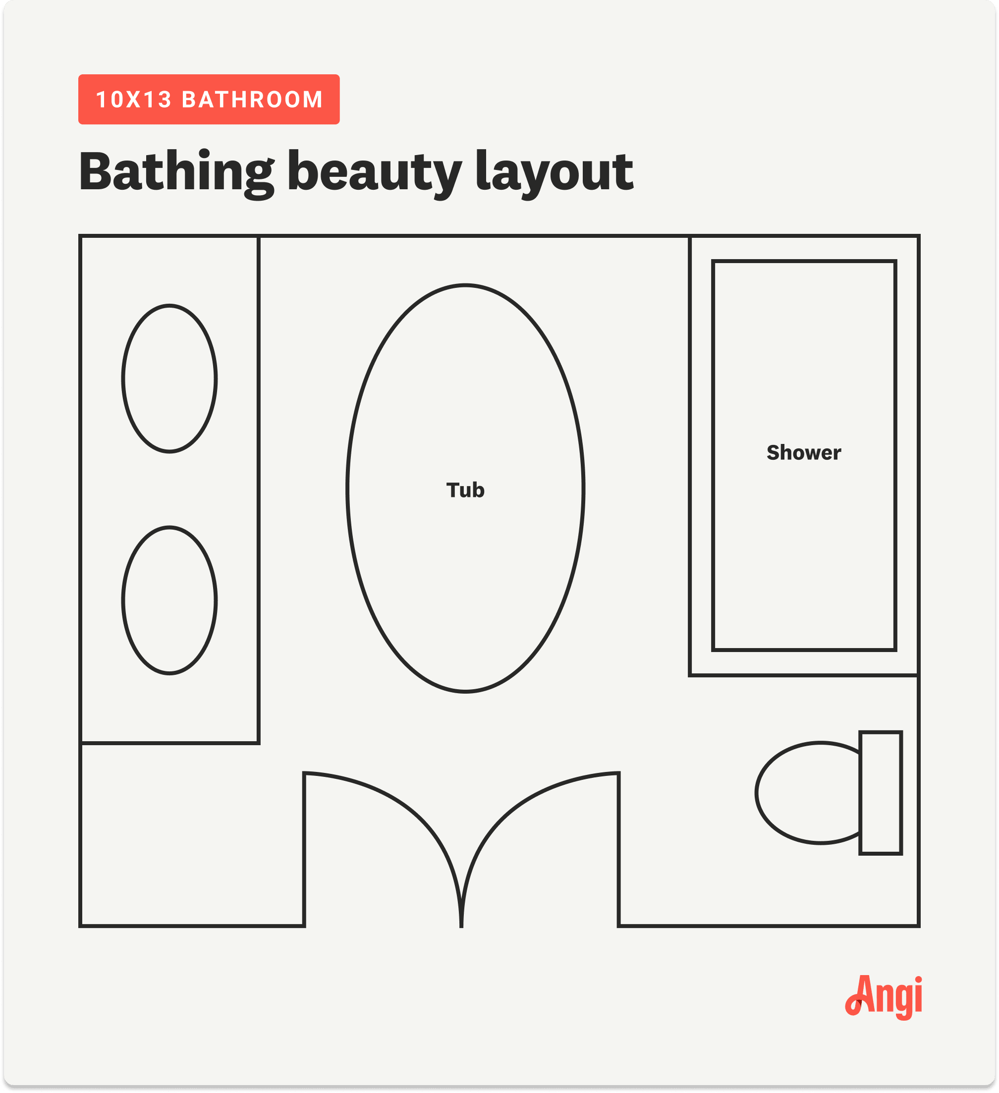An illustration depicting the floorplan for a 10 foot by 13 foot bathing beauty bathroom layout
