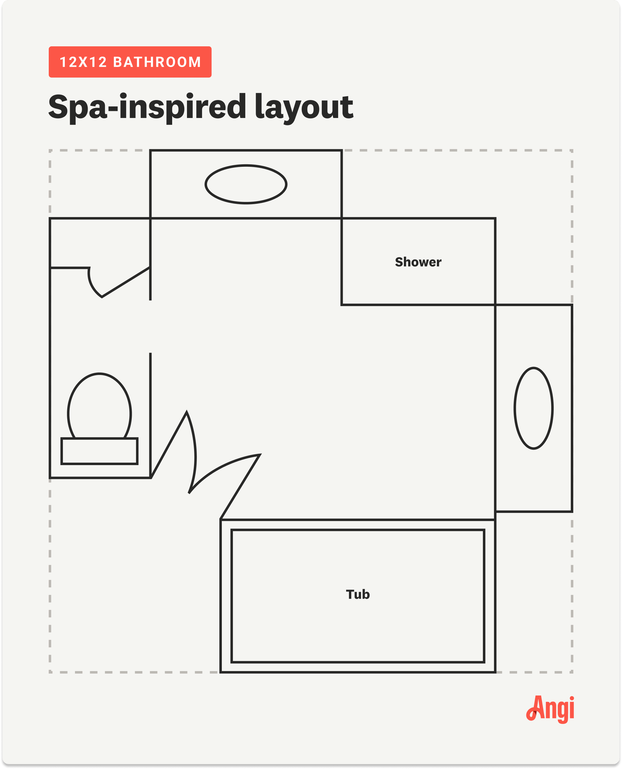 An illustration depicting the floorplan for a 12 foot by 12 foot spa-inspired bathroom layout
