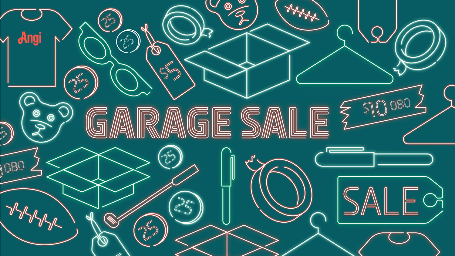 Illustration of garage sale objects, including sales tags, boxes, and tape