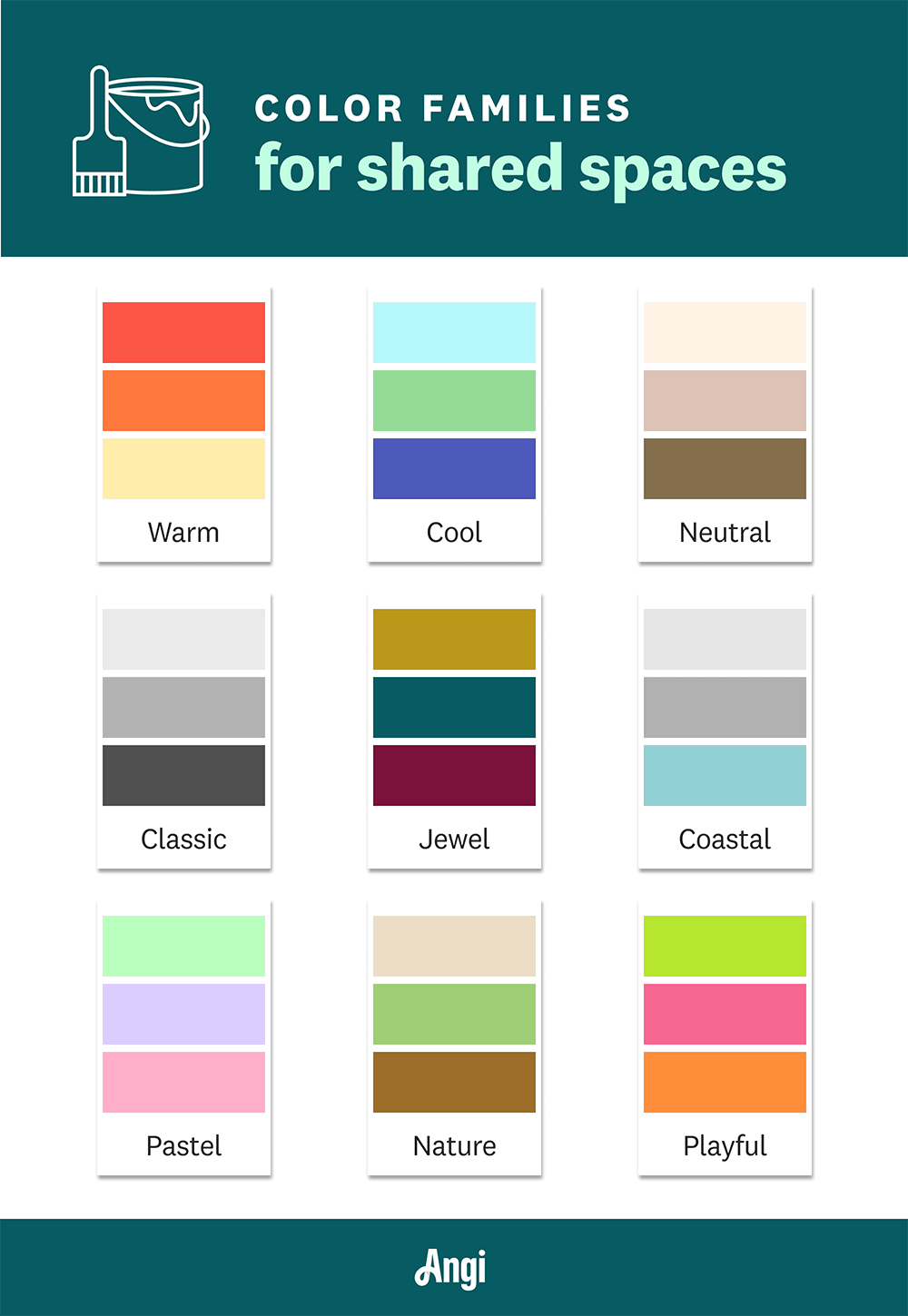 Color families for shared spaces, including warm, cool, and neutral color palettes