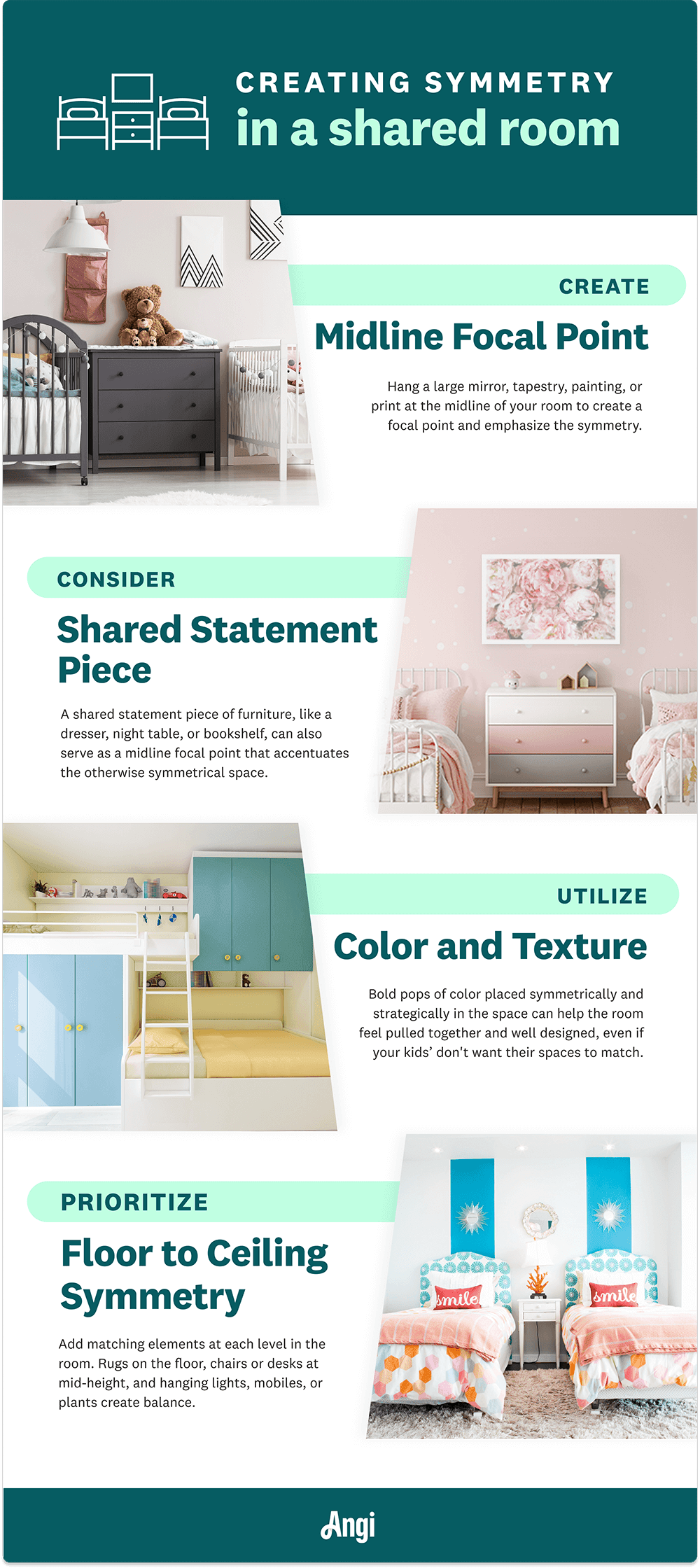 Tips for creating symmetry in a shared room, including midline focal points