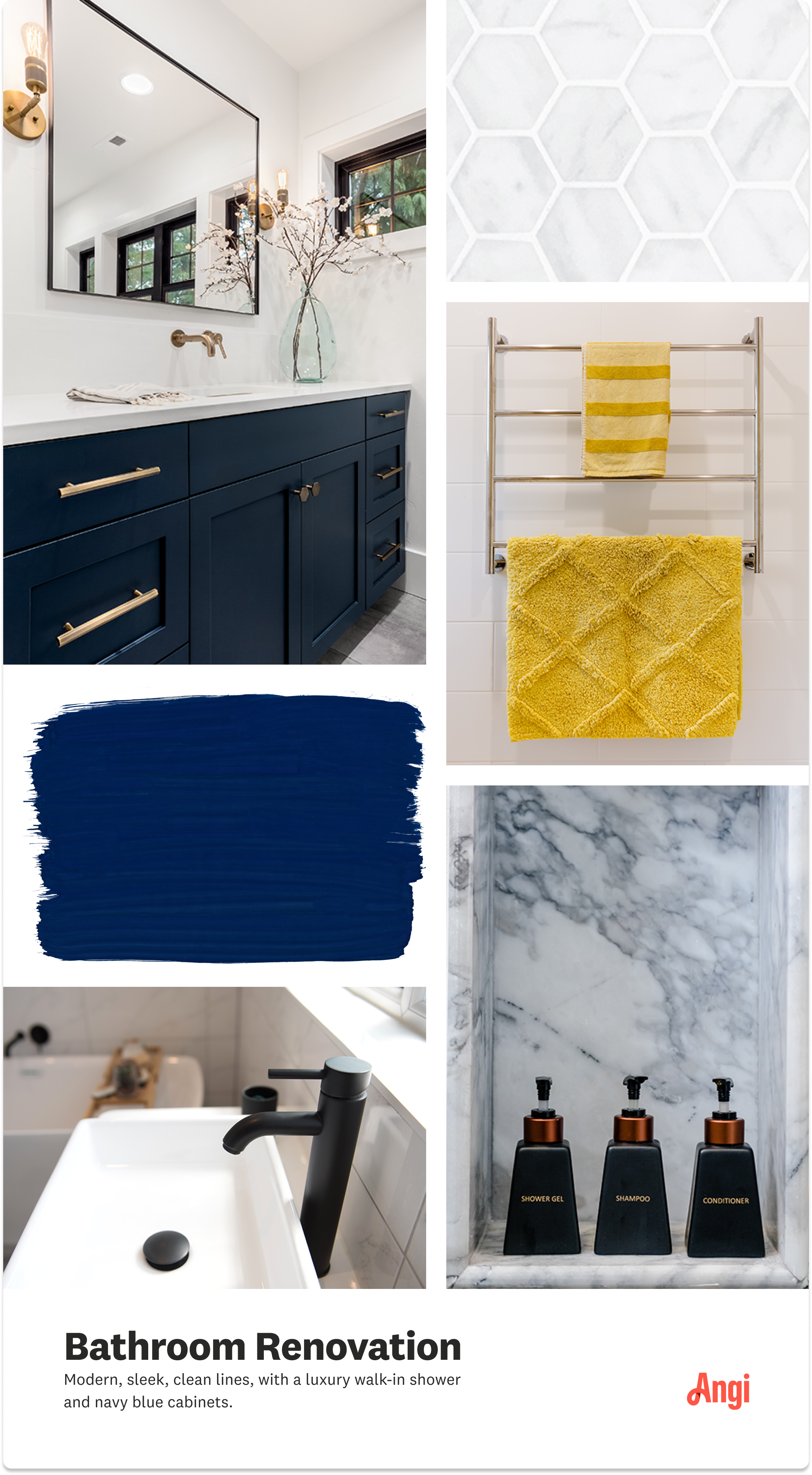 Mood board depicting modern, sleek, clean lines, with a luxury walk-in shower and navy blue cabinets