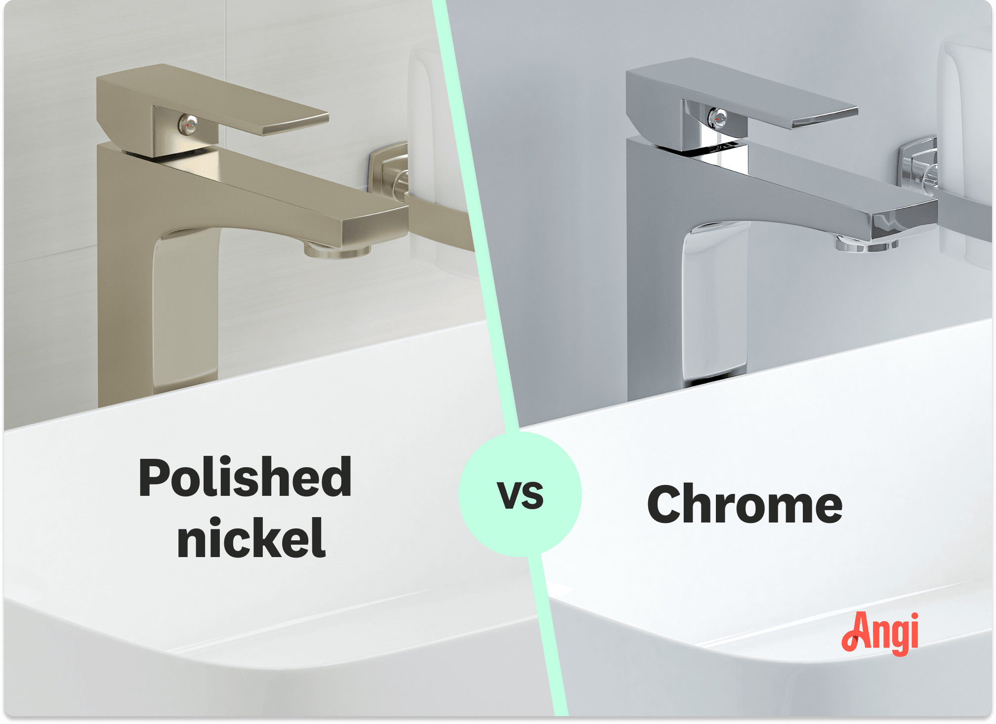 Photo comparison of polished nickel and chrome faucets, with polished nickel having a warmer tone