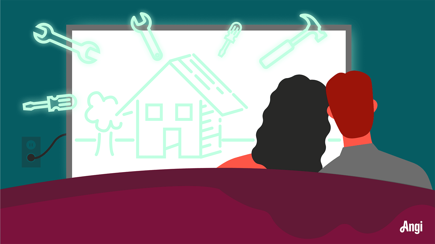 Illustration of a man and woman sitting on the couch watching TV.