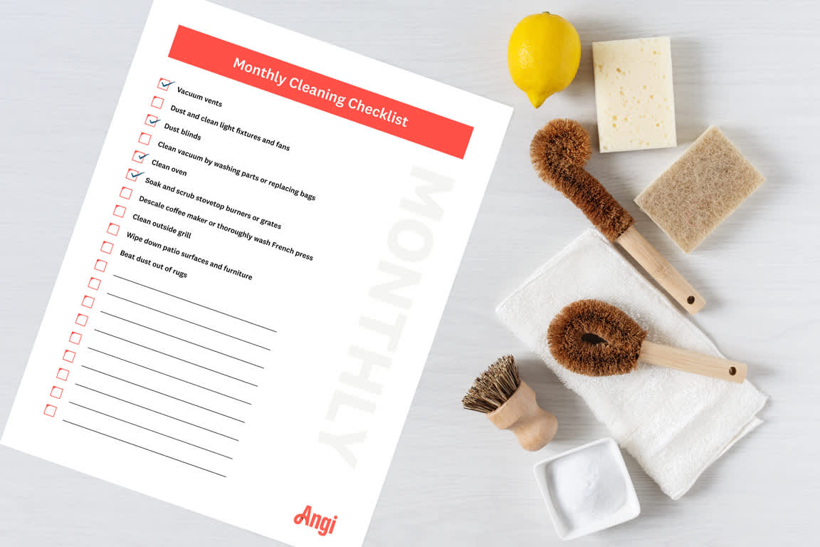 Monthly cleaning checklist, including washing throw rugs, cleaning the garbage disposal, and scrubbing faucets