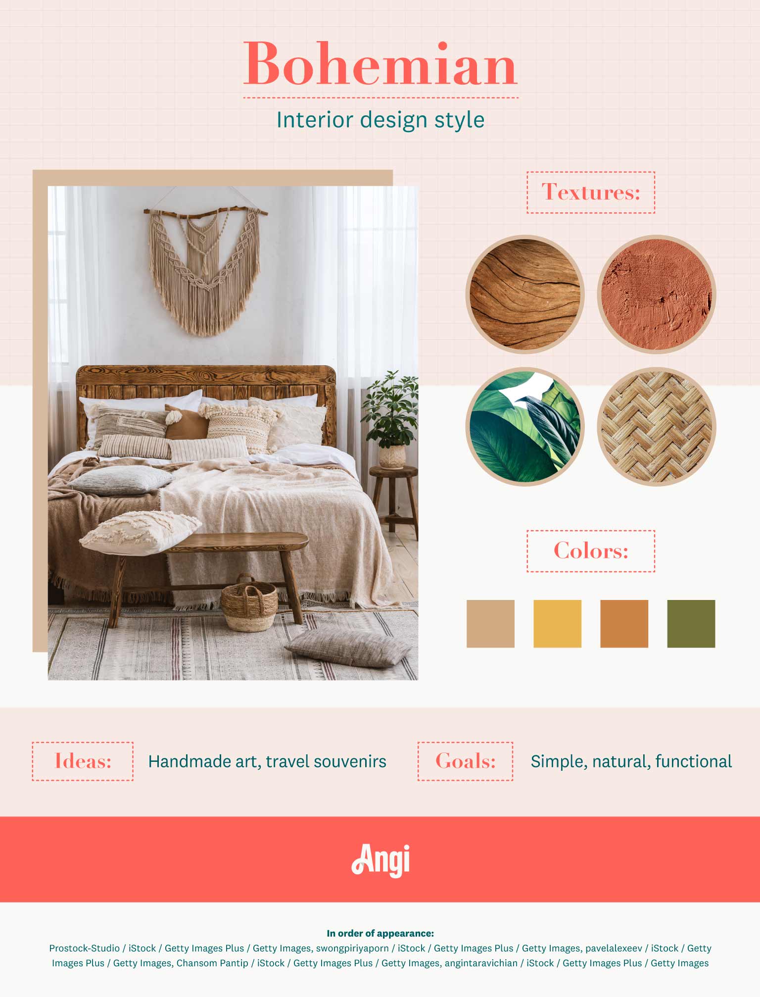 Bohemian decor is meant to be free and creative. There are no hard rules or limitations. Color palettes range from earth tones (browns, greens) to jewel tones and pastels. Plants and metallic fixtures are common, as are carefree layers of patterns