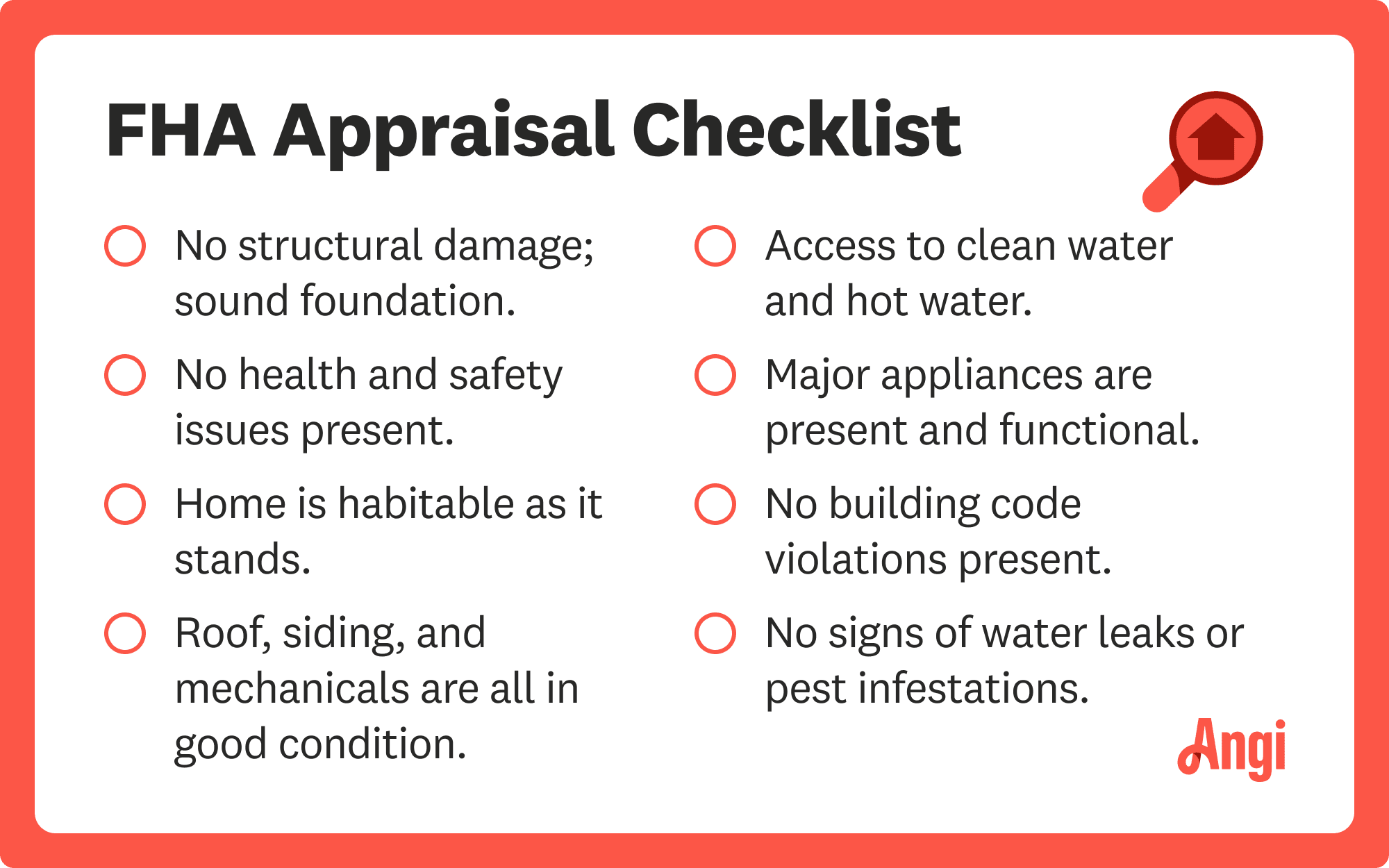 FHA appraisal checklist, including home is habitable as it stands and major appliances are present and functional