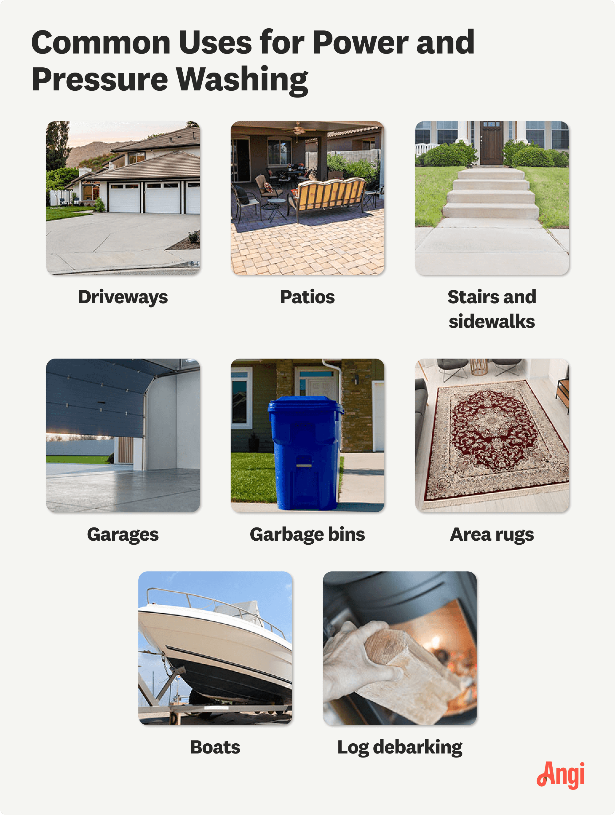 8 power and pressure washing uses, including patios, garages, and area rugs