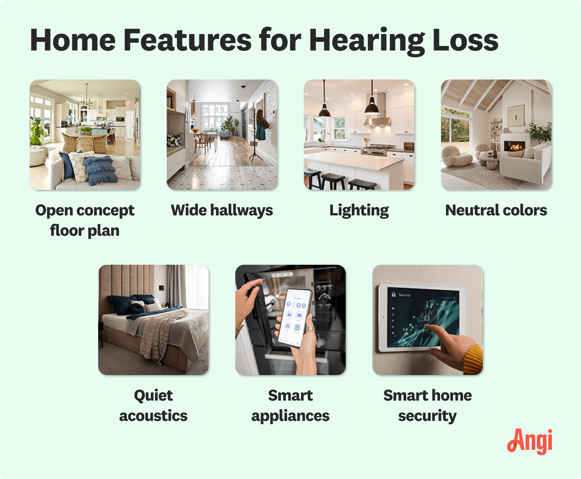7 home features for those with hearing loss compared visually, including wide hallways, neutral colors, and smart appliances