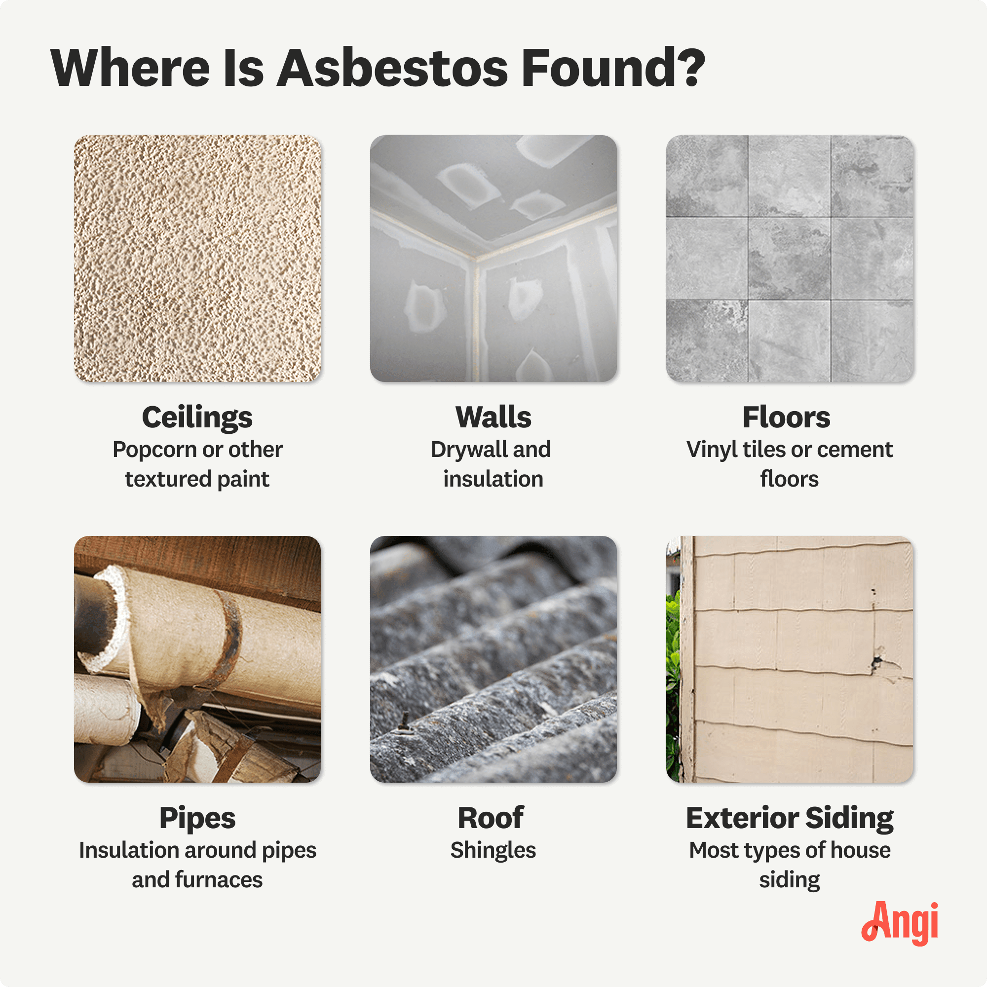 5 places in the home where asbestos can be found, including ceilings, floors, and pipes