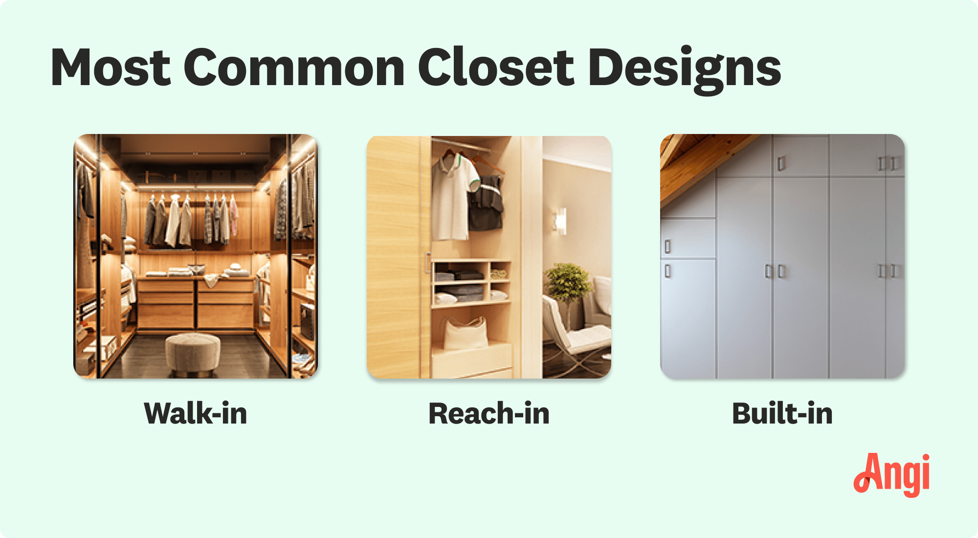3 most common closet types compared visually, including walk-in, reach-in, and built-in