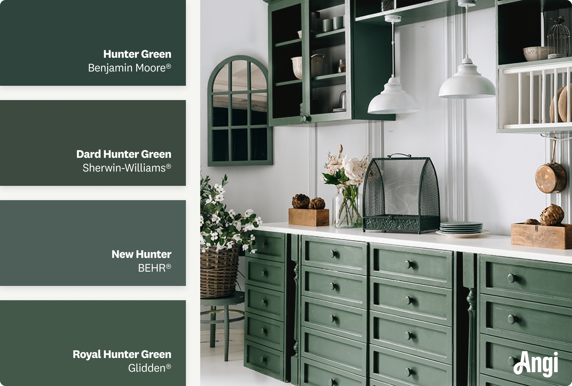 A stylish kitchen featuring green cabinetry, including hunter green paint swatches