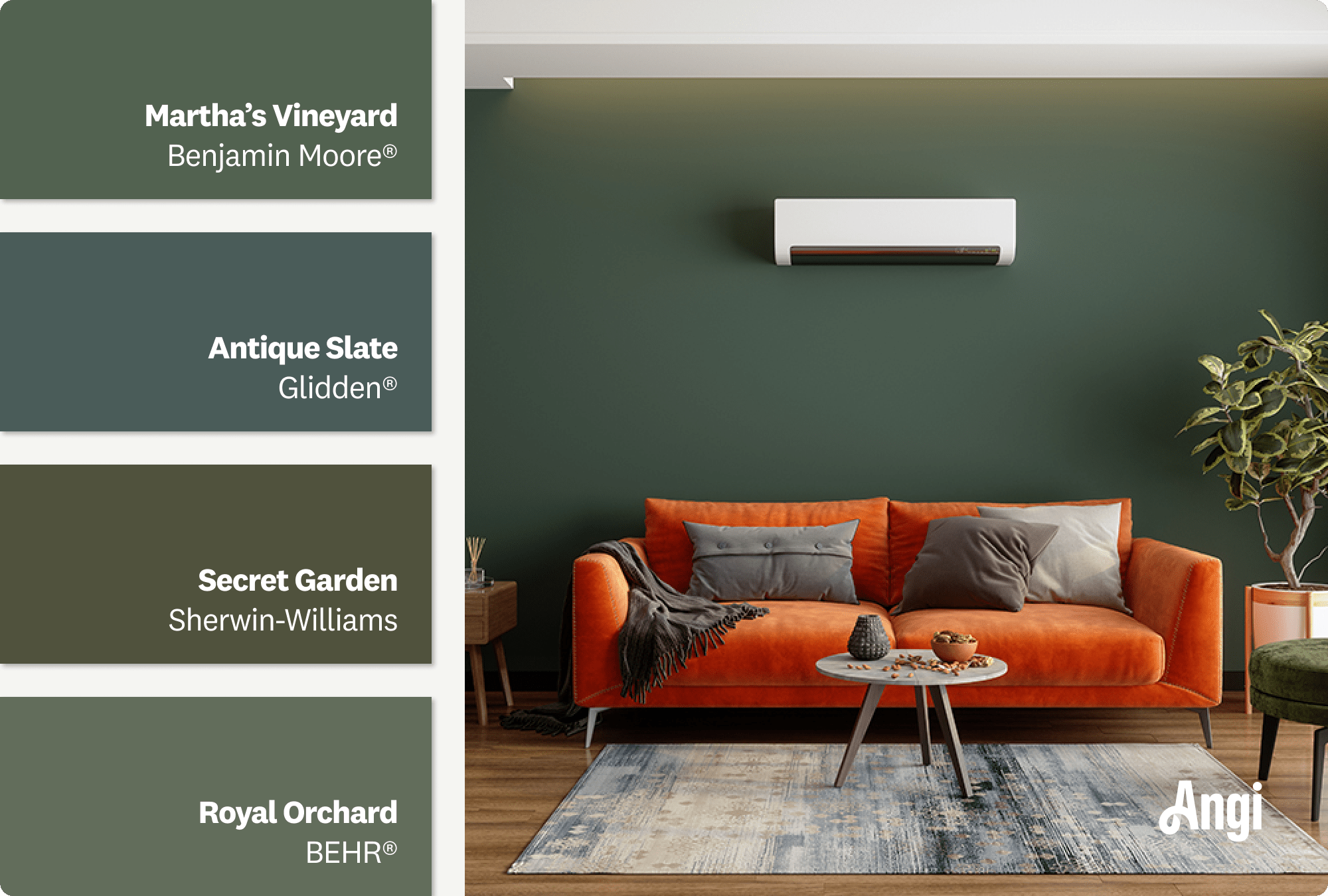 A modern living room with minimalist furniture and green walls, including deep green paint swatches