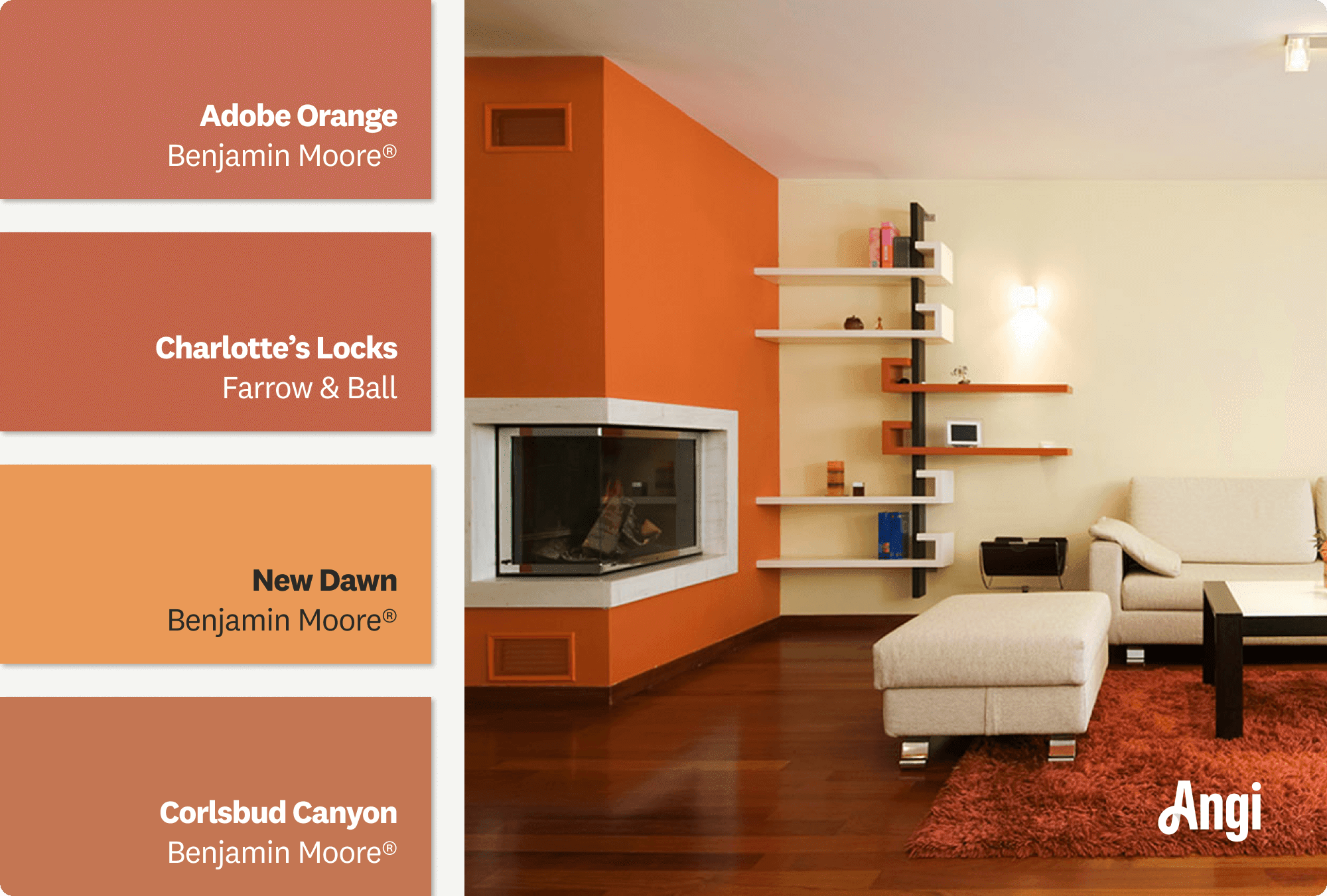 Living room with orange accent wall, including different tones of bold orange paint 