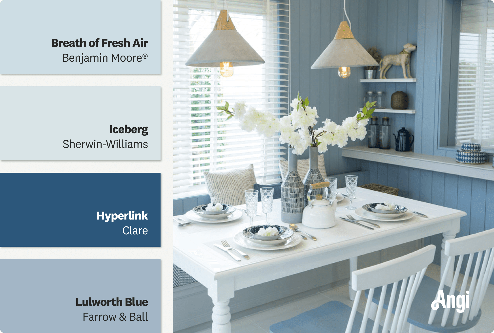 Cozy blue beach breakfast nook, including different tones of bright blue paint 