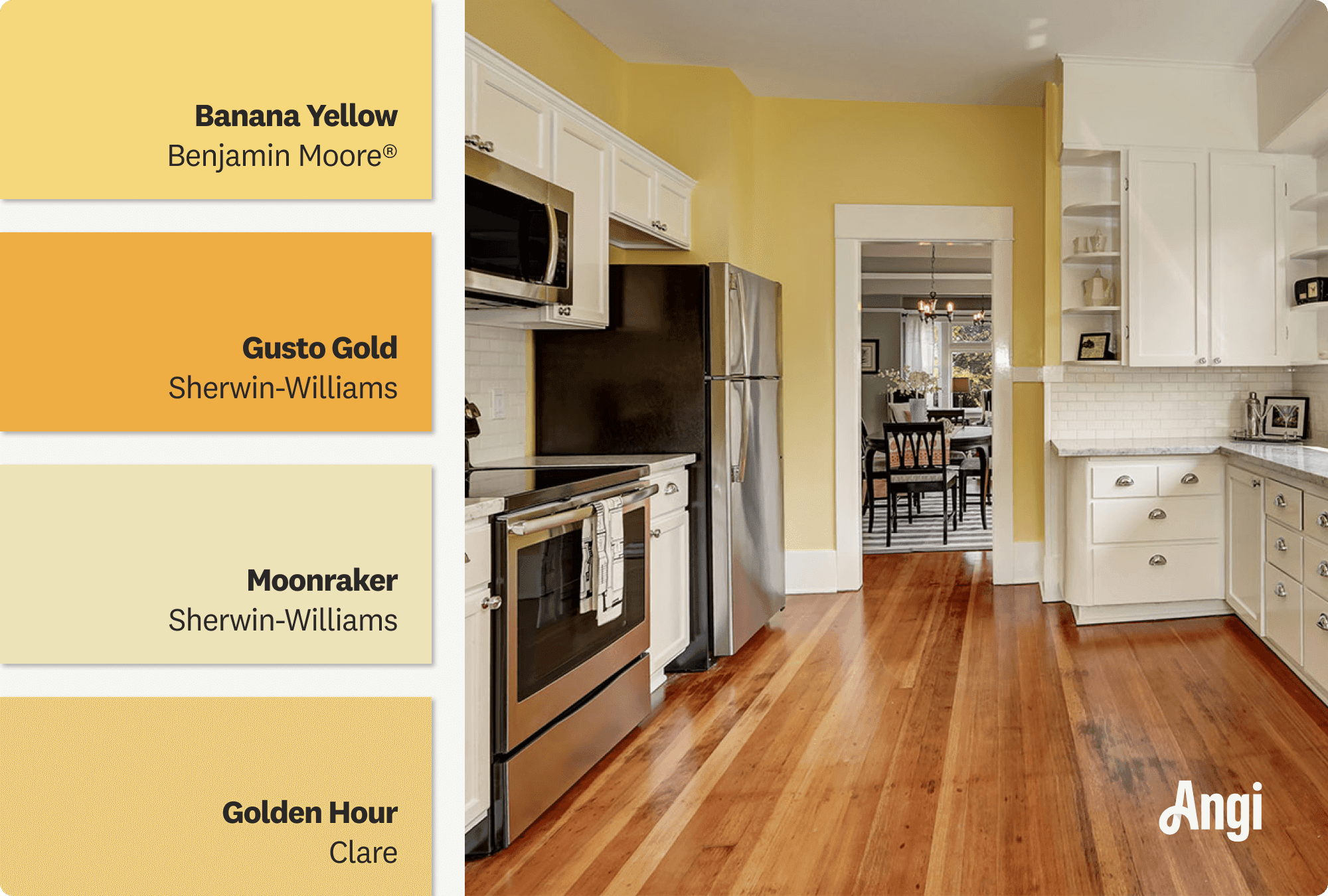 Yellow kitchen with white cabinets, including different tones of bright yellow paint