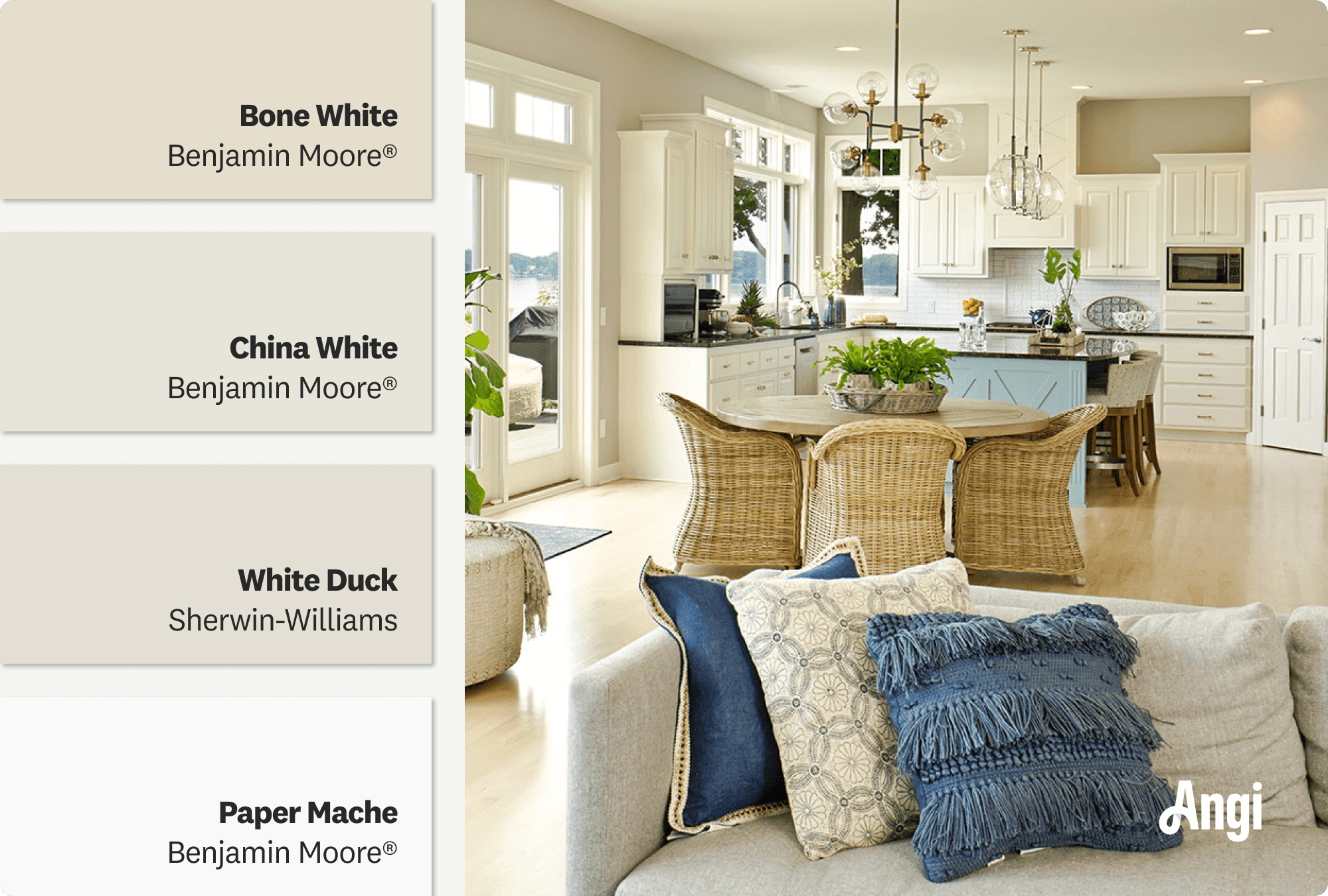 Neutral beige open concept living room dining area, including different tones of beige paint 