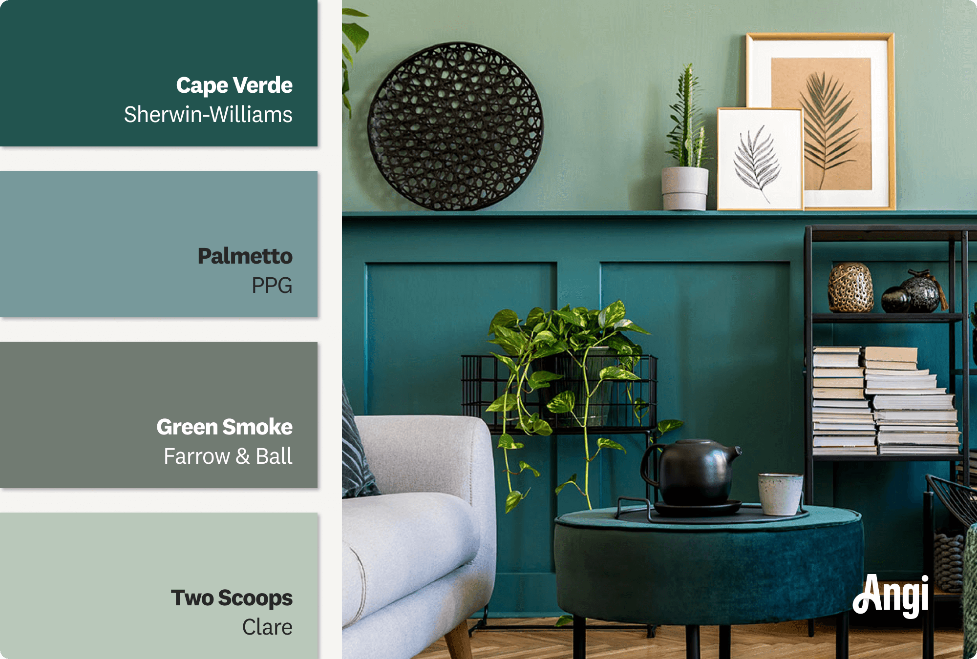 Luxury green living room, including different tones of rich green paint 